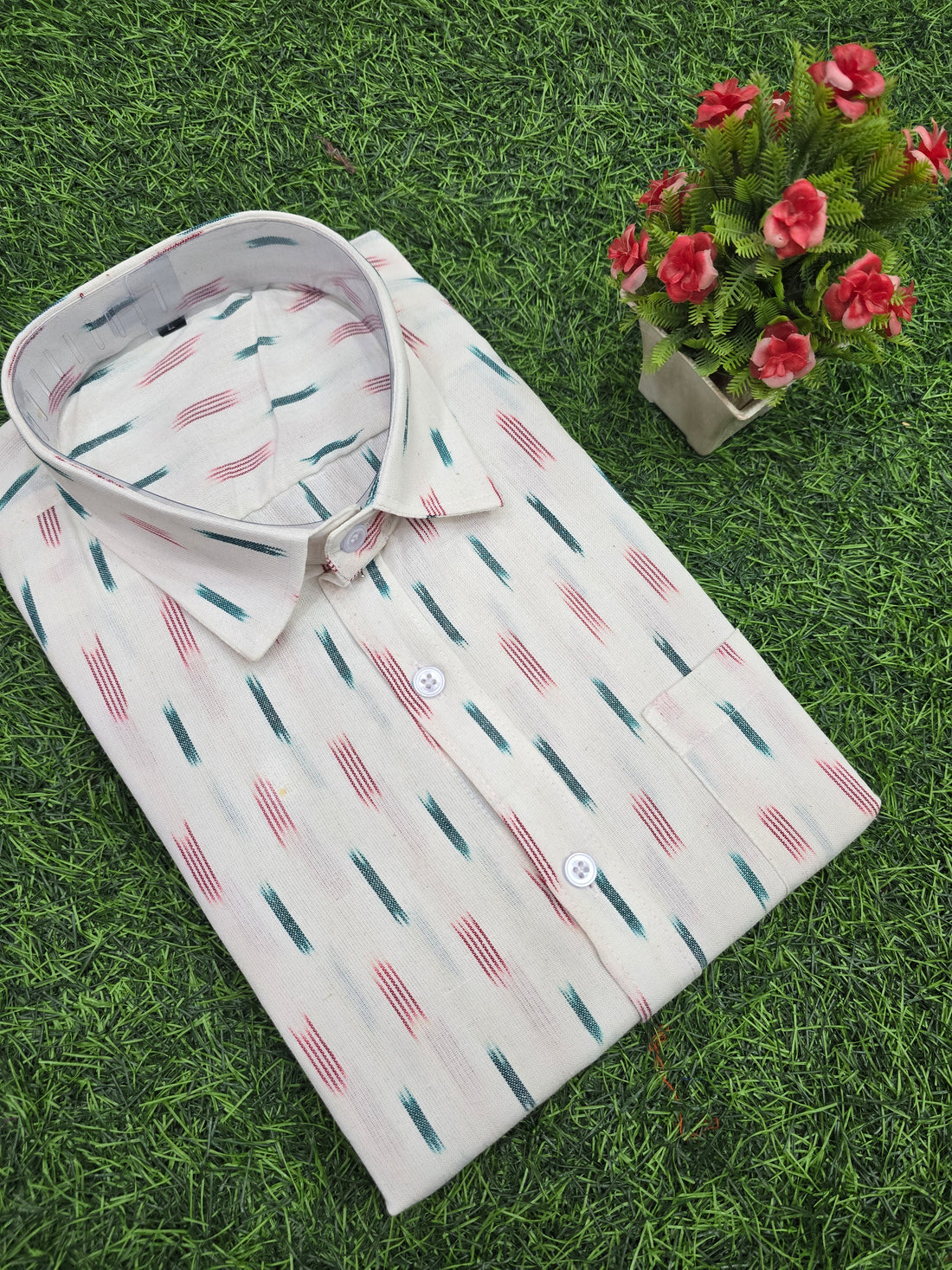 WHITE- FULL SLEEVE COTTON MEN POCHAMPALLY IKAT SHIRT 21