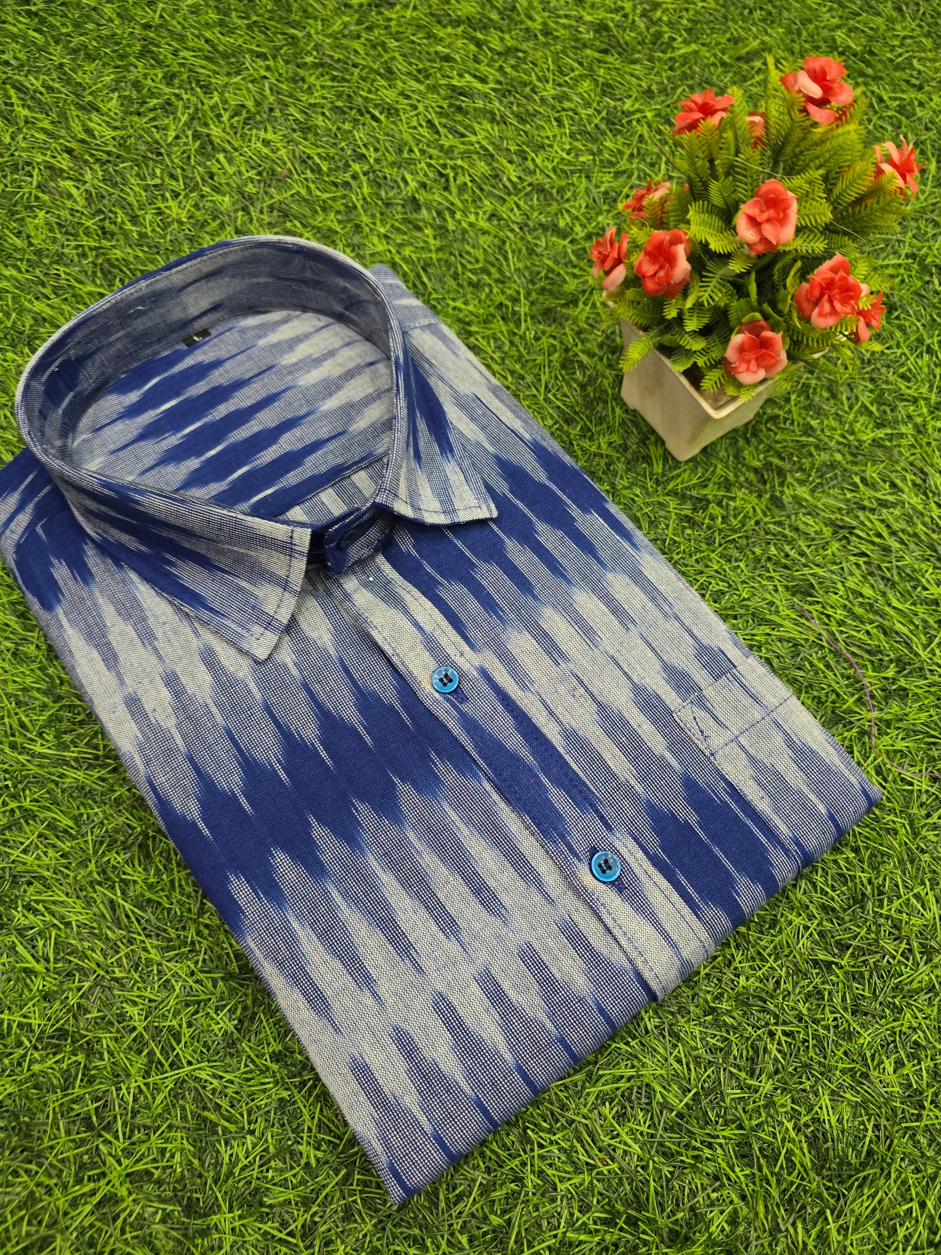 BLUE- FULL SLEEVE COTTON MEN POCHAMPALLY IKAT SHIRT 07