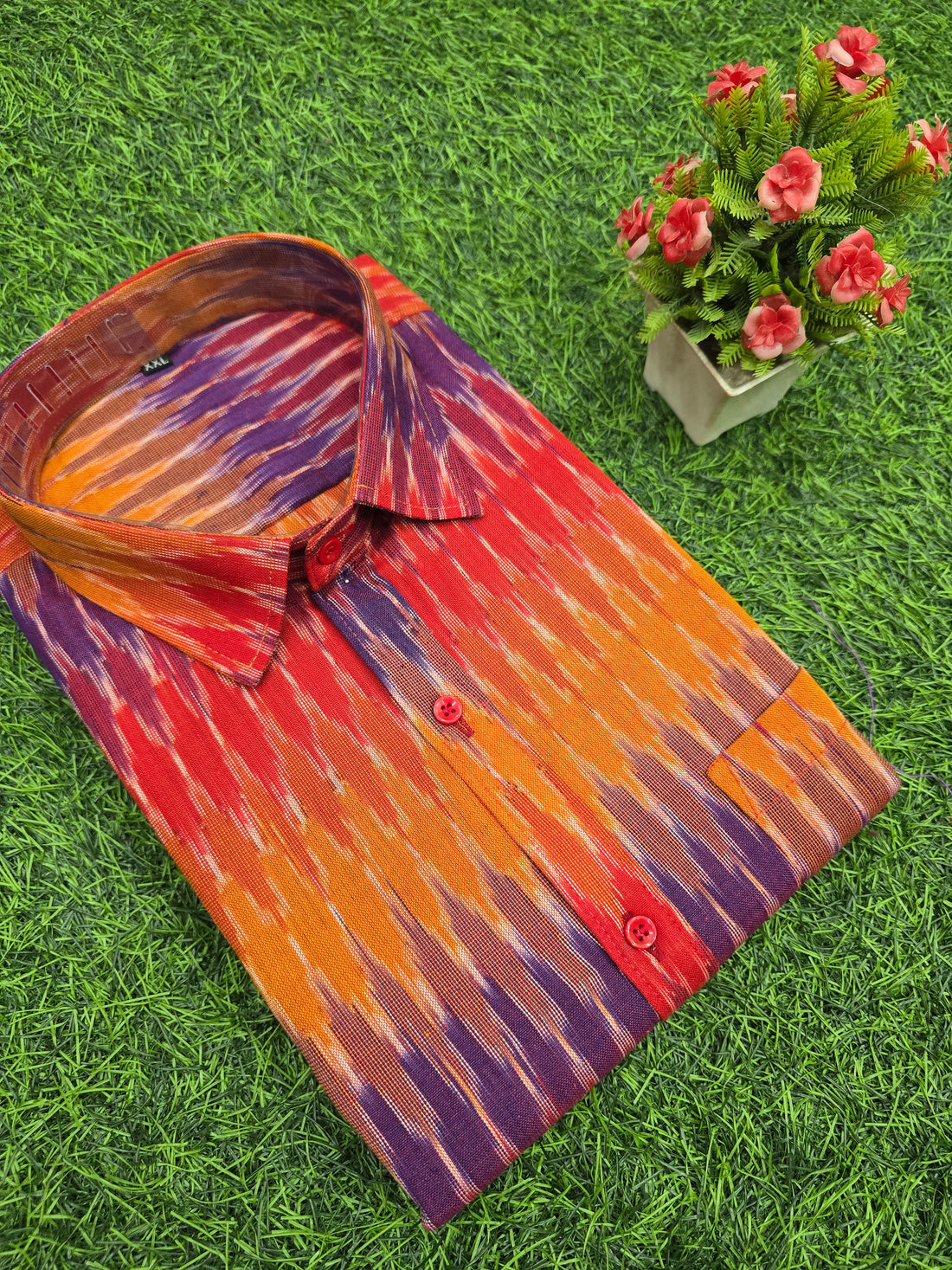RED BLUE- FULL SLEEVE COTTON MEN POCHAMPALLY IKAT SHIRT 24