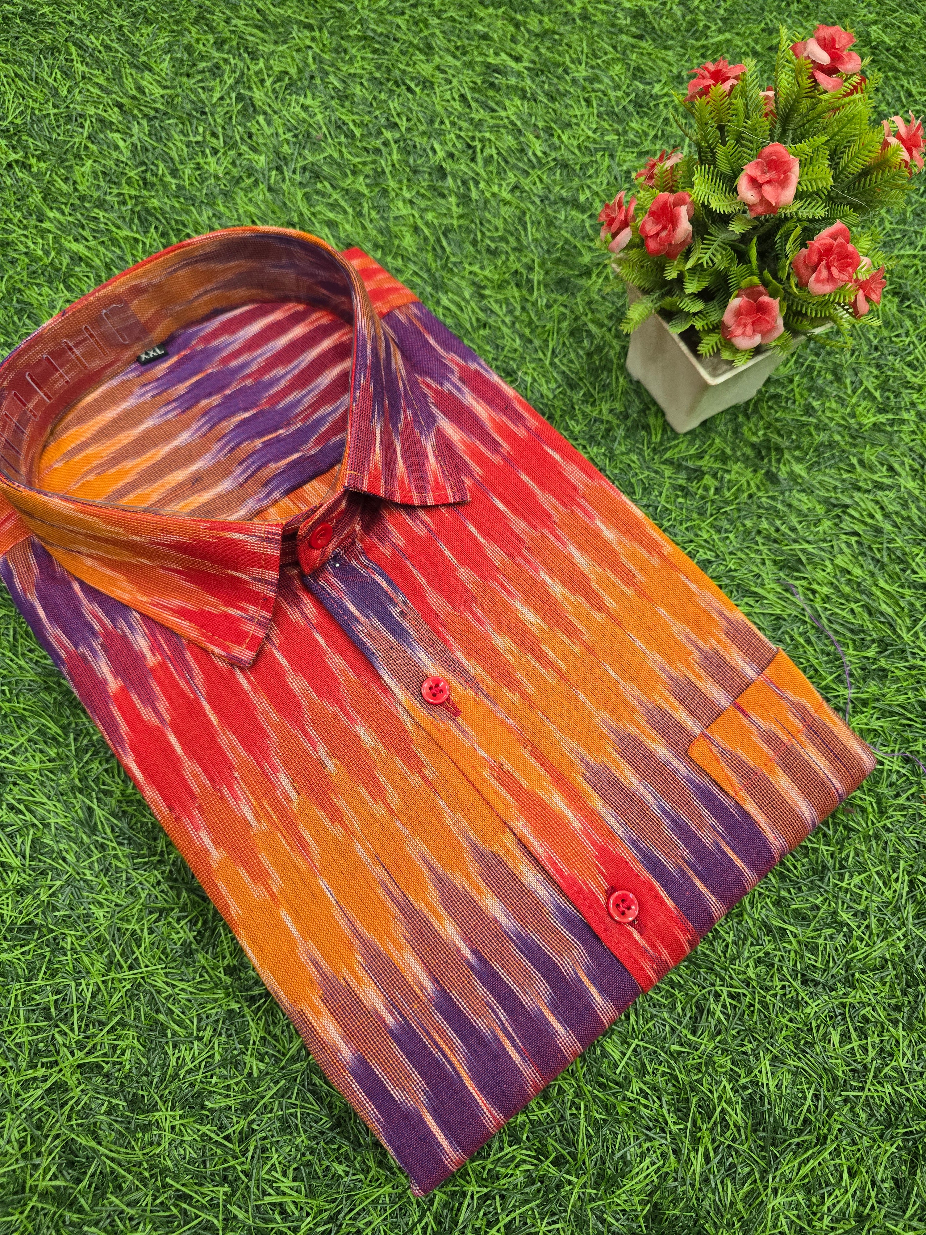 RED BLUE- FULL SLEEVE COTTON MEN POCHAMPALLY IKAT SHIRT 24
