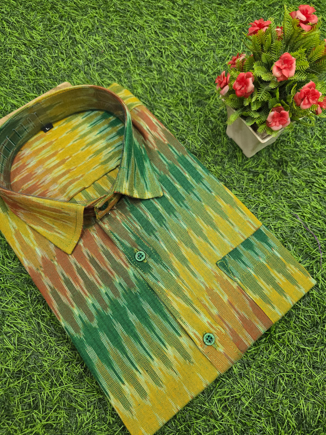GREEN - FULL SLEEVE COTTON MEN POCHAMPALLY IKAT SHIRT 11