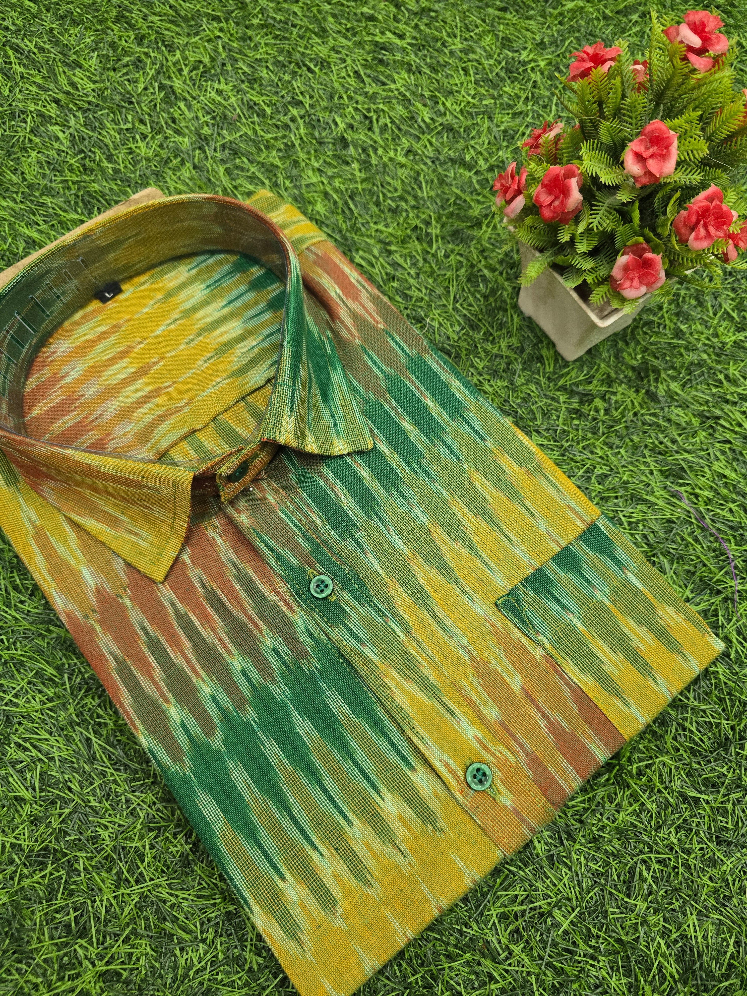 GREEN - FULL SLEEVE COTTON MEN POCHAMPALLY IKAT SHIRT 11