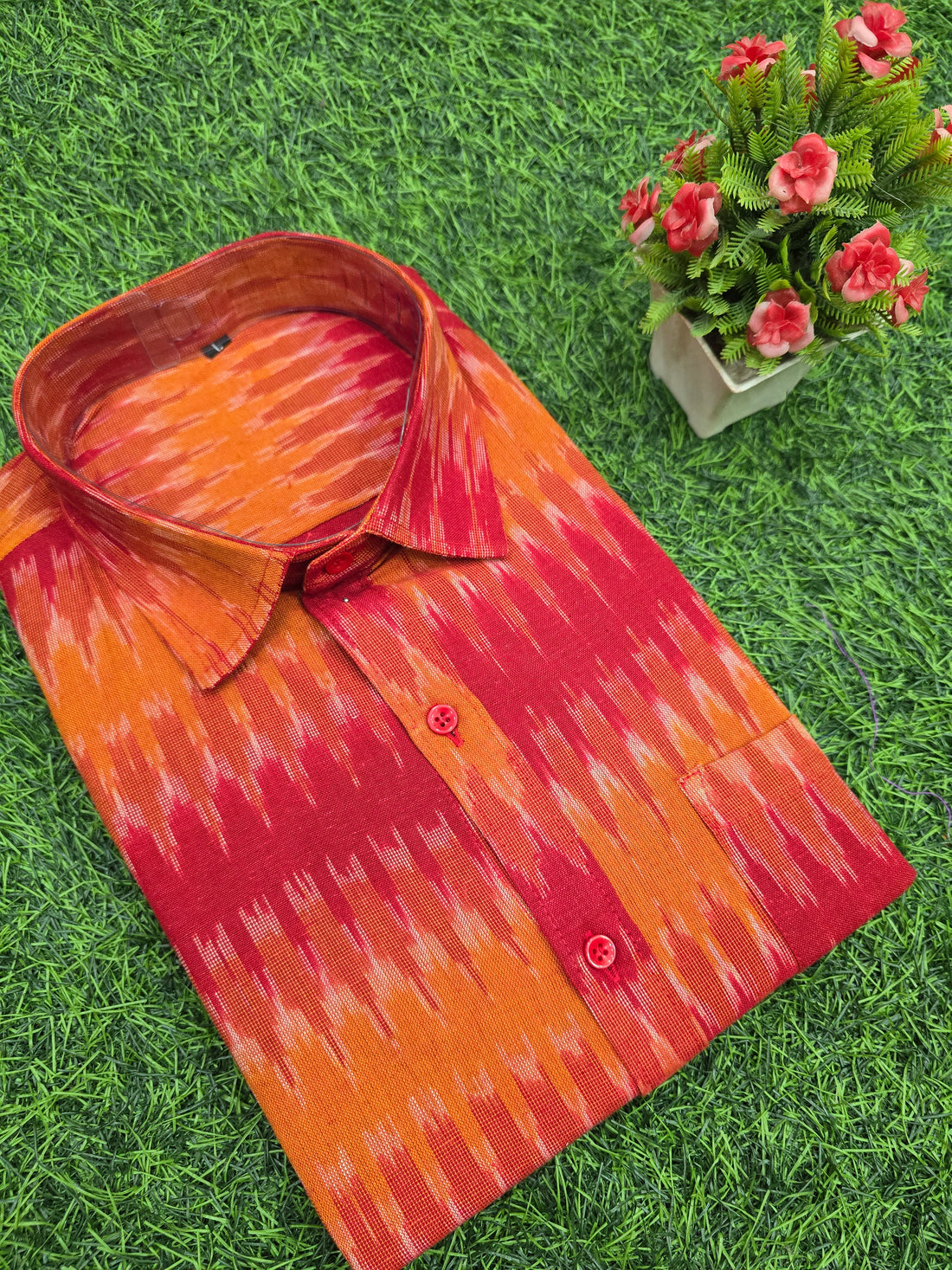 RED- FULL SLEEVE COTTON MEN POCHAMPALLY IKAT SHIRT 13