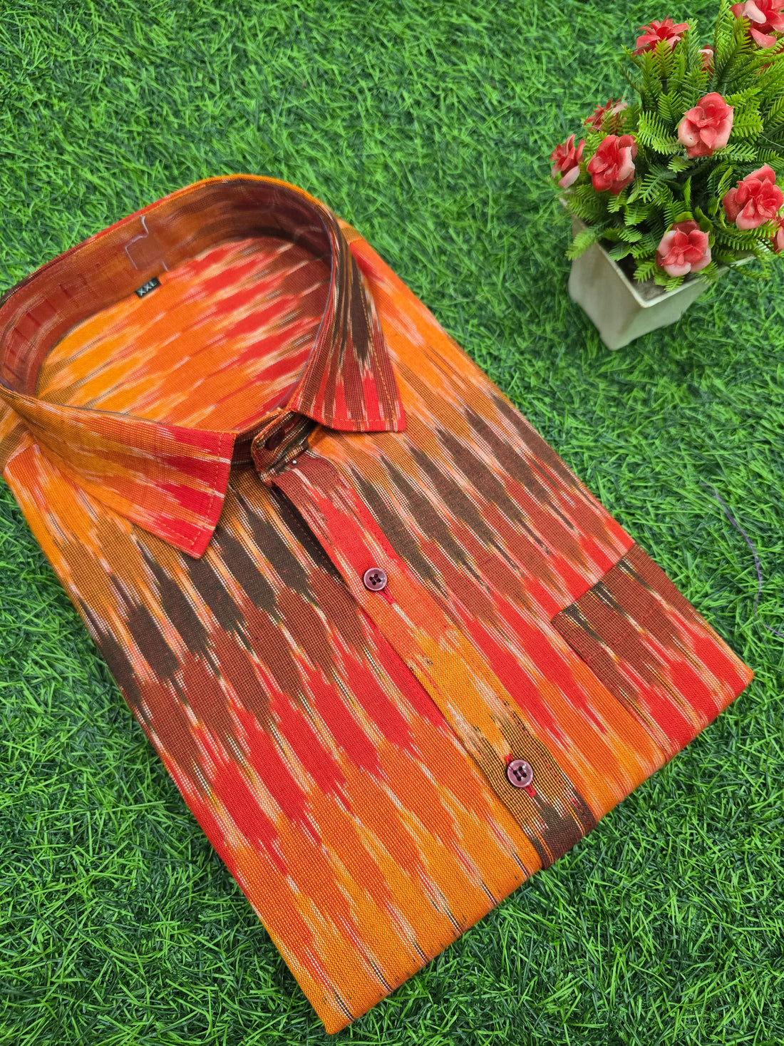 RED- FULL SLEEVE COTTON MEN POCHAMPALLY IKAT SHIRT 08