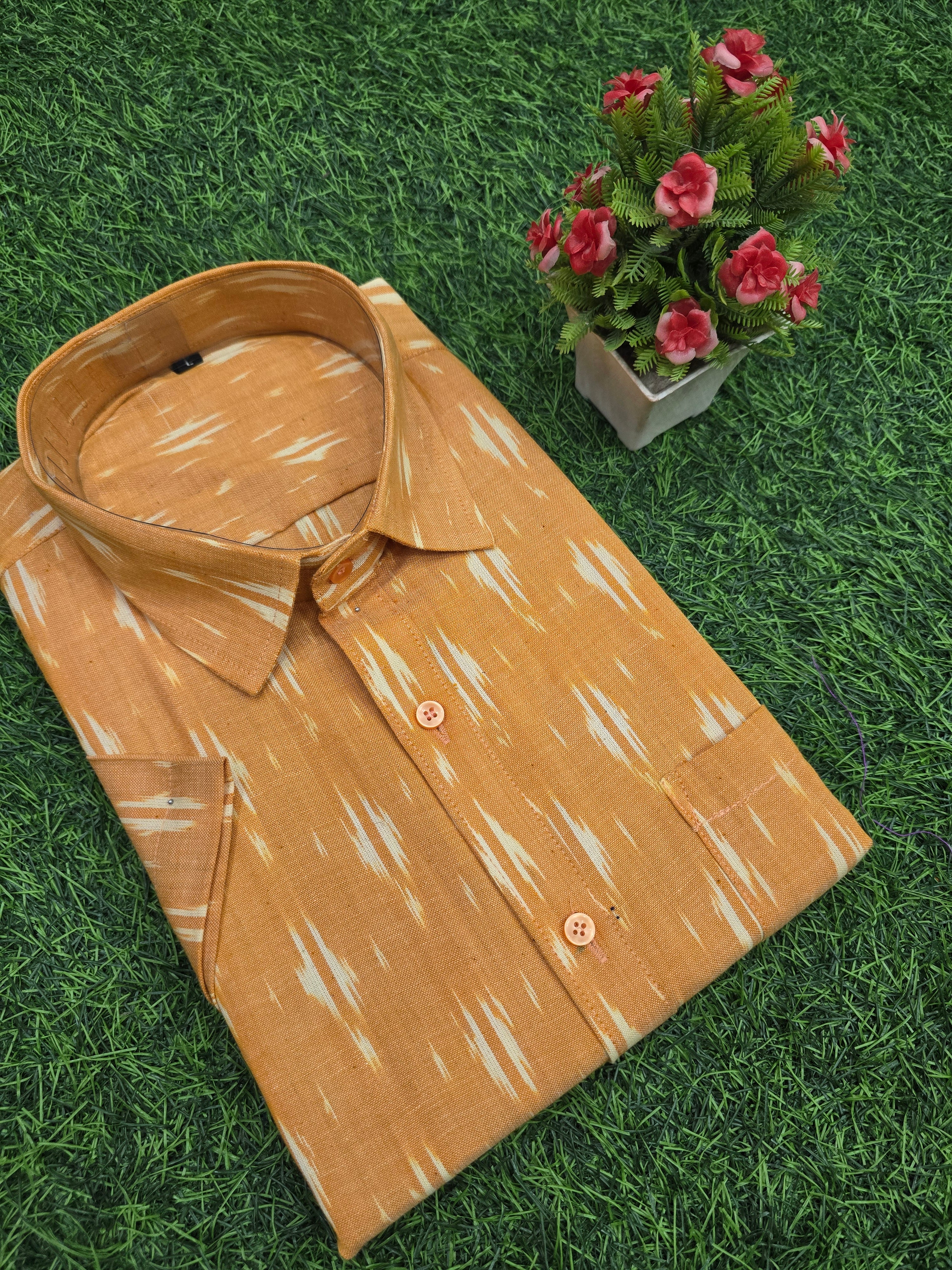 YELLOW- FULL SLEEVE COTTON MEN POCHAMPALLY IKAT SHIRT 12