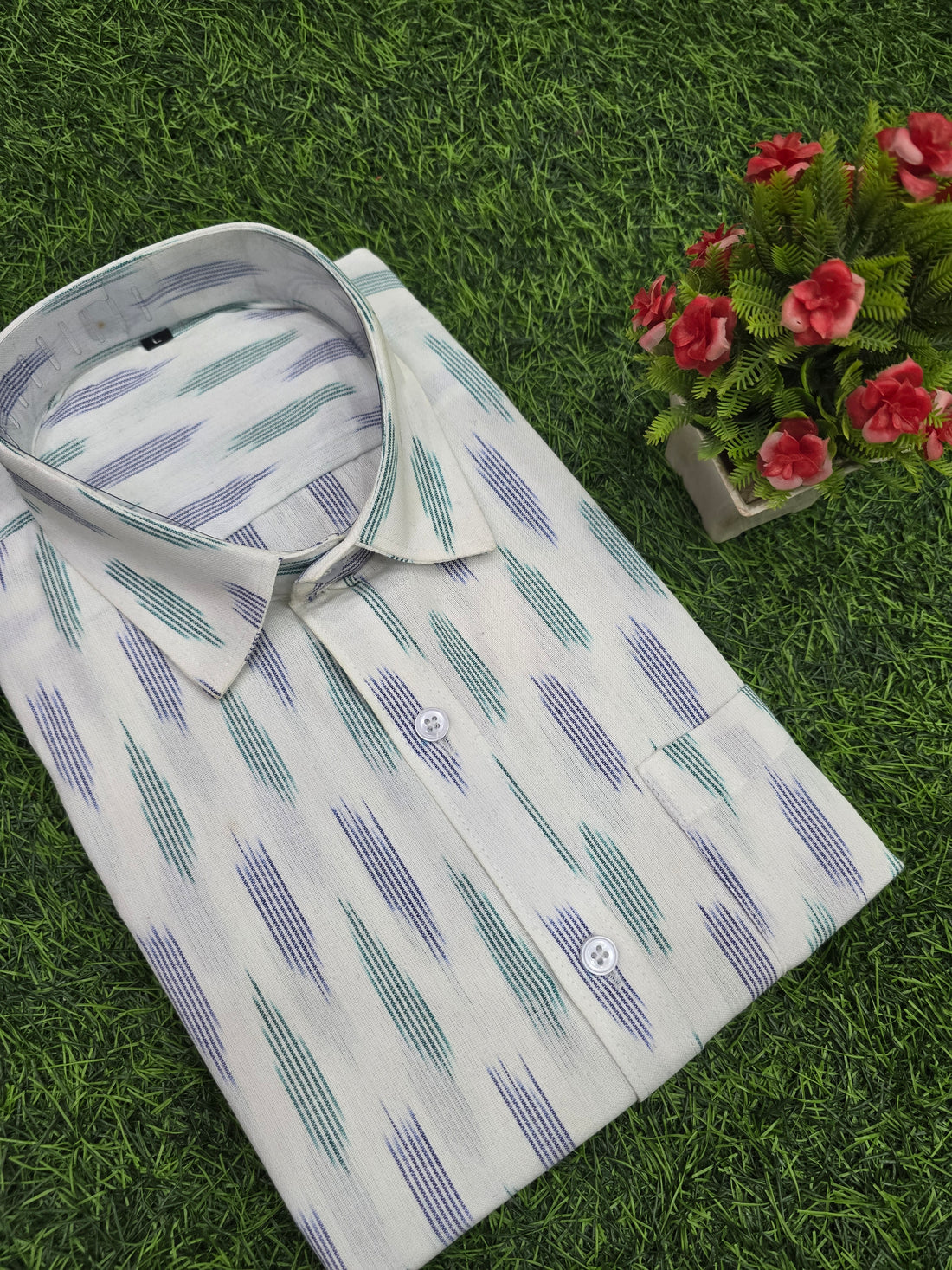 WHITE- FULL SLEEVE COTTON MEN POCHAMPALLY IKAT SHIRT 14