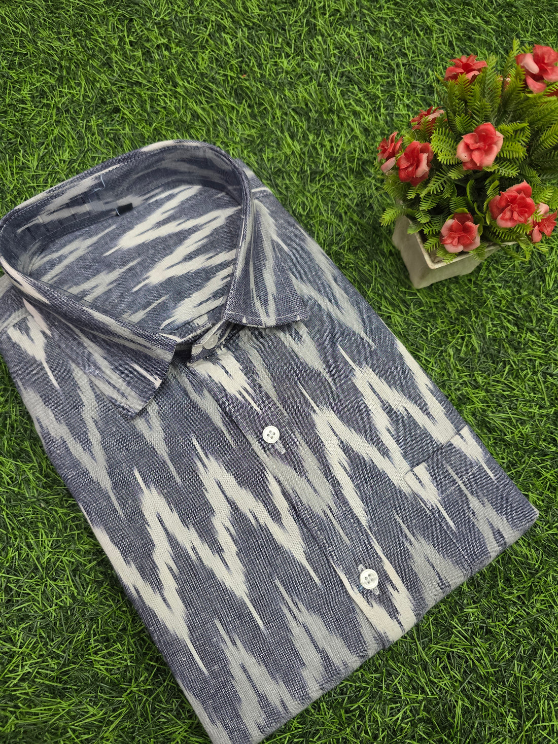 GRAY- FULL SLEEVE COTTON MEN POCHAMPALLY IKAT SHIRT 06