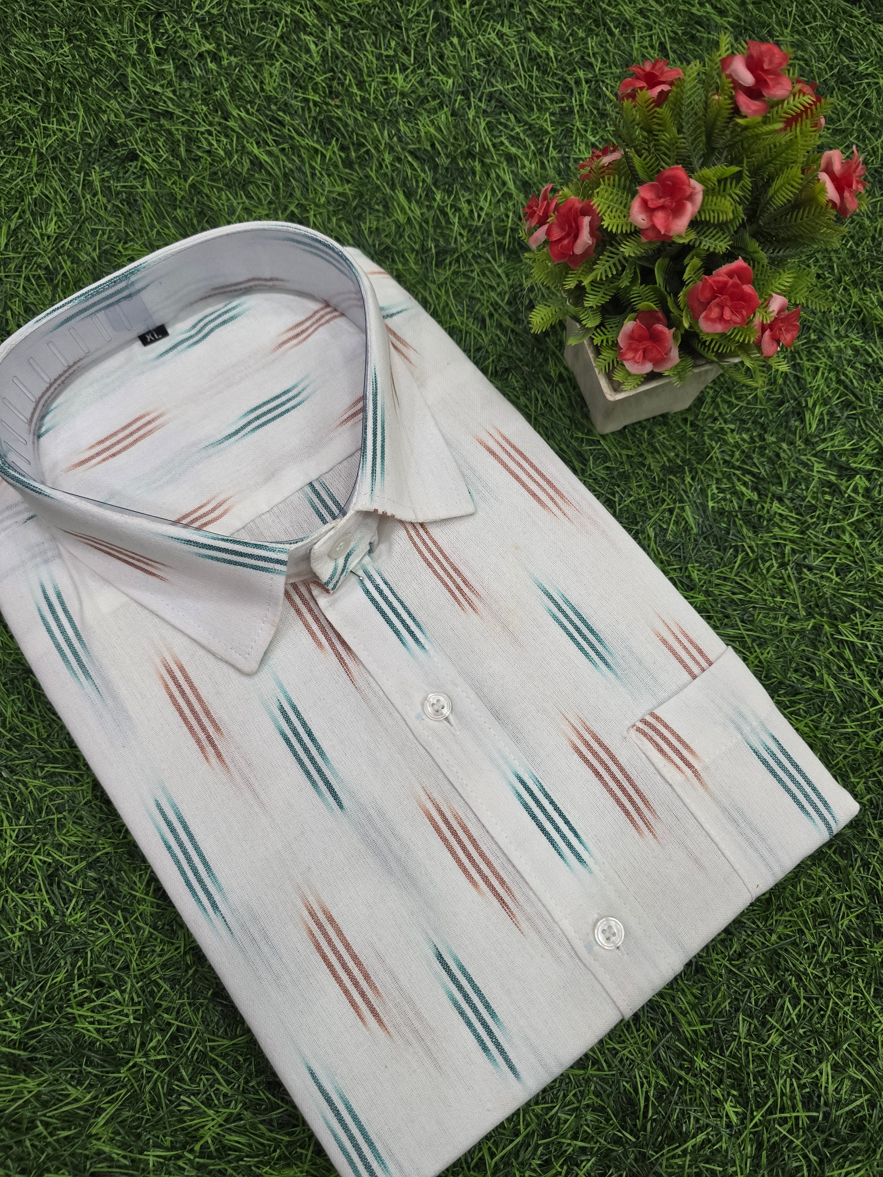 WHITE- FULL SLEEVE COTTON MEN POCHAMPALLY IKAT SHIRT 20