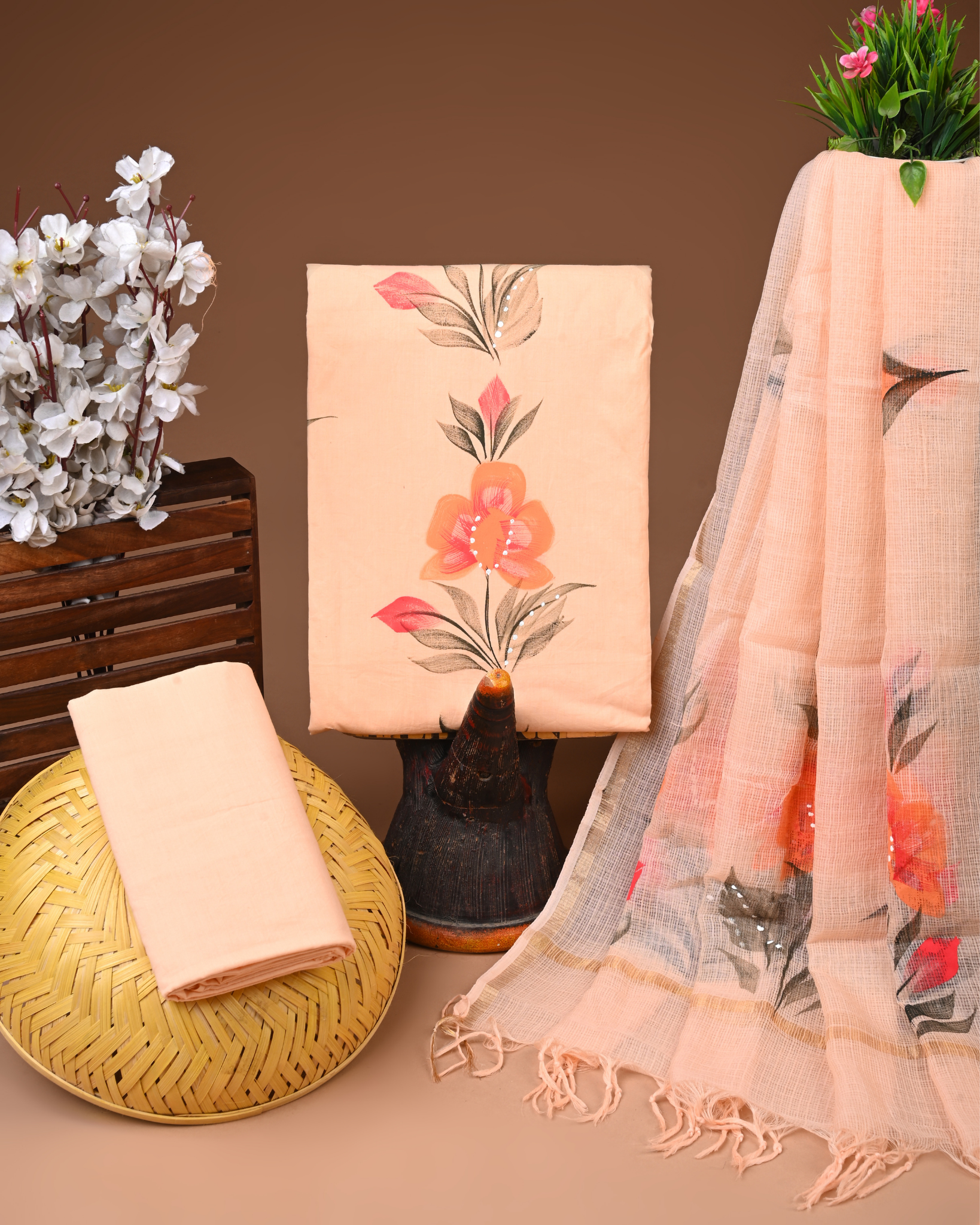 ORANGE- BAGRU HAND BLOCK PRINTED COTTON SUIT SET WITH KOTA DUPATTA 16