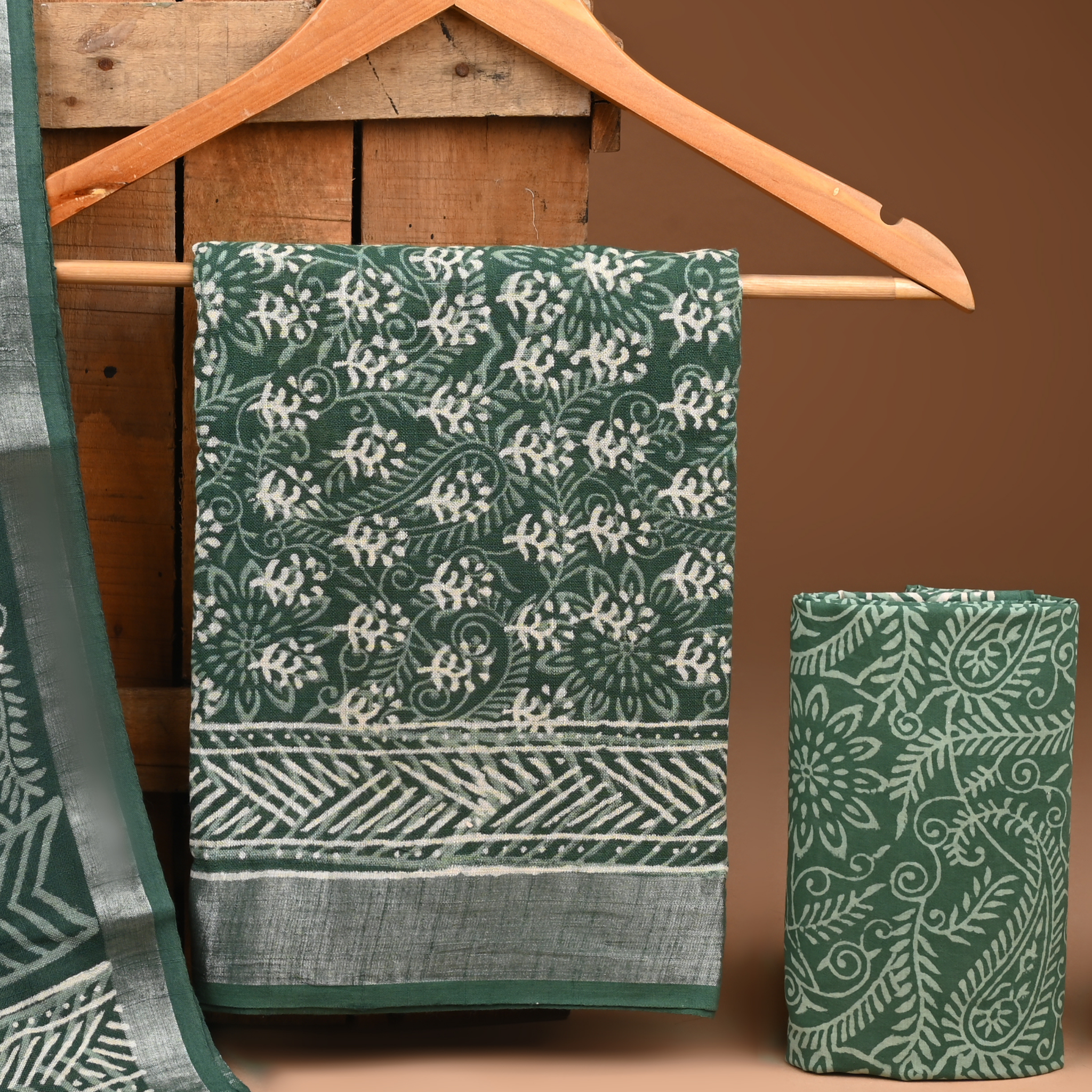 PISTA GREEN- BAGRU HAND BLOCK PRINTED LINEN COTTON SUIT SET WITH ZARI BORDER 37