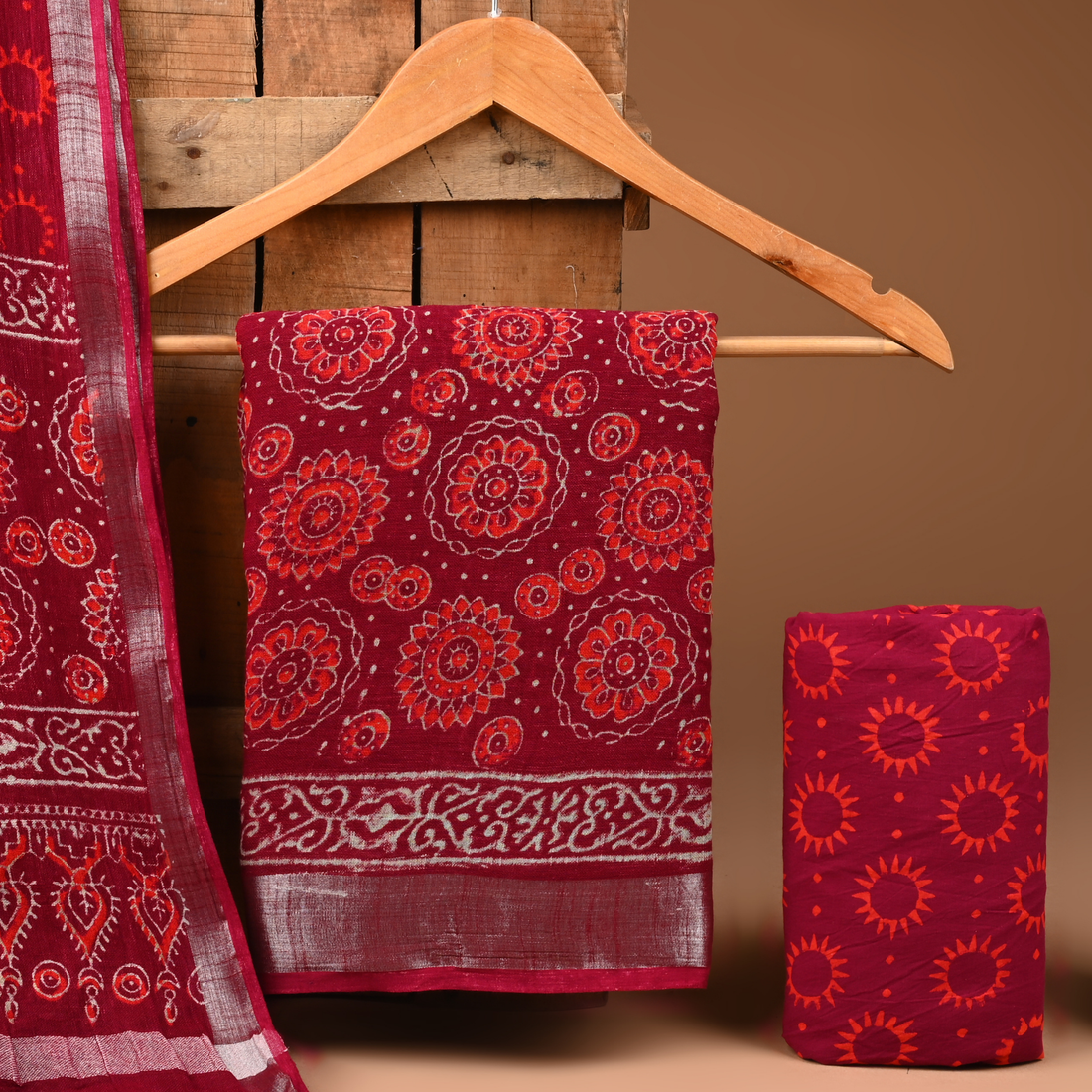 RED- BAGRU HAND BLOCK PRINTED LINEN COTTON SUIT SET WITH ZARI BORDER 39