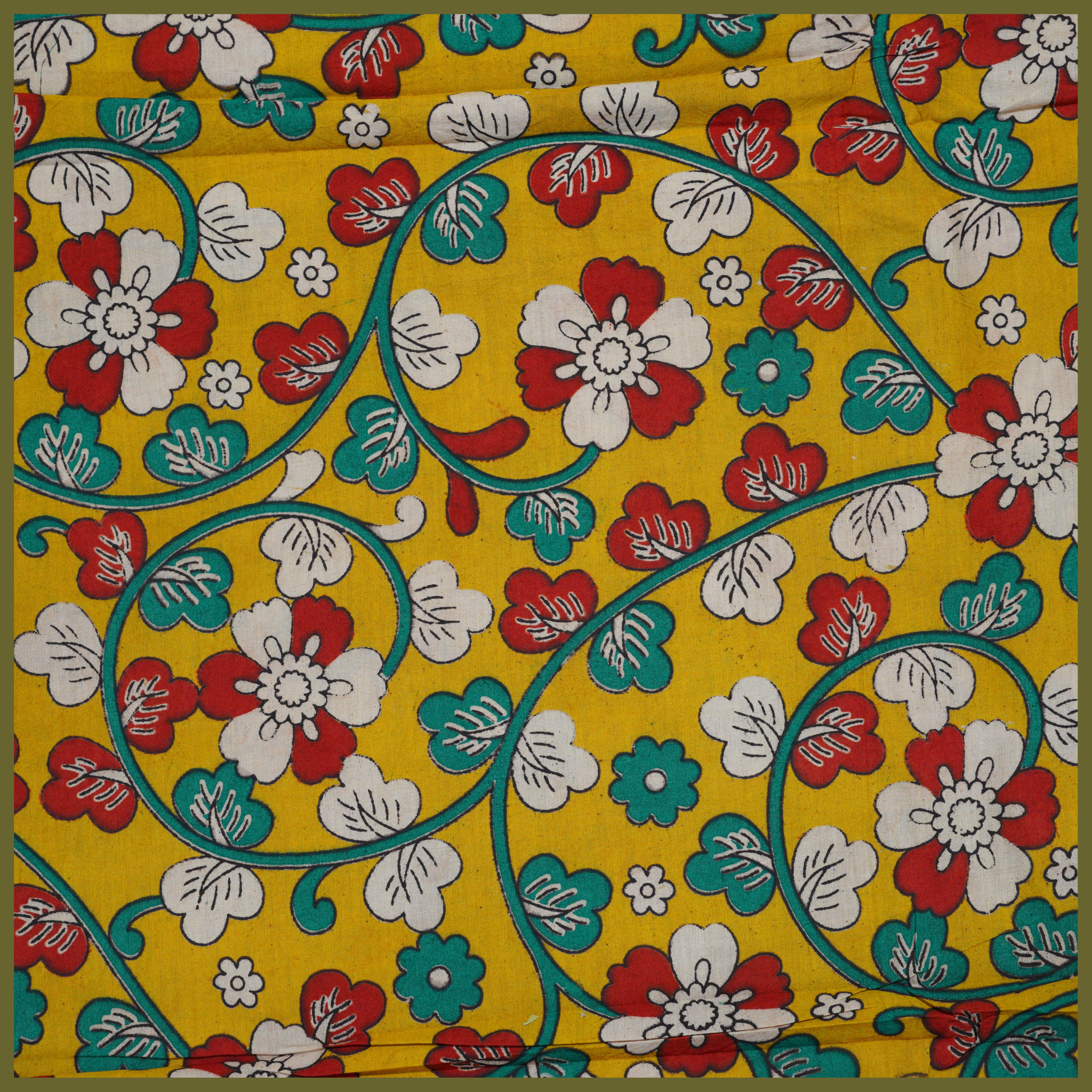 YELLOW- BLOCK PRINT COTTON PEDANA KALAMKARI FABRIC 10