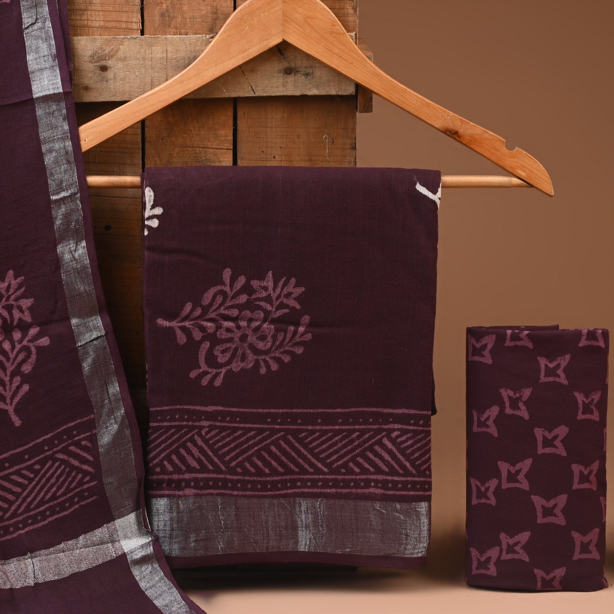 BROWN- BAGRU HAND BLOCK PRINTED LINEN COTTON SUIT SET WITH ZARI BORDER 38