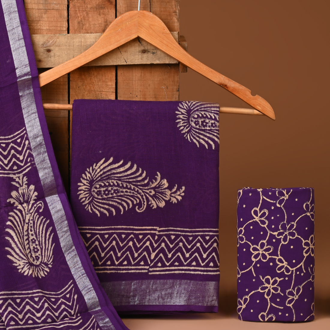 PURPLE- BAGRU HAND BLOCK PRINTED LINEN COTTON SUIT SET WITH ZARI BORDER 22
