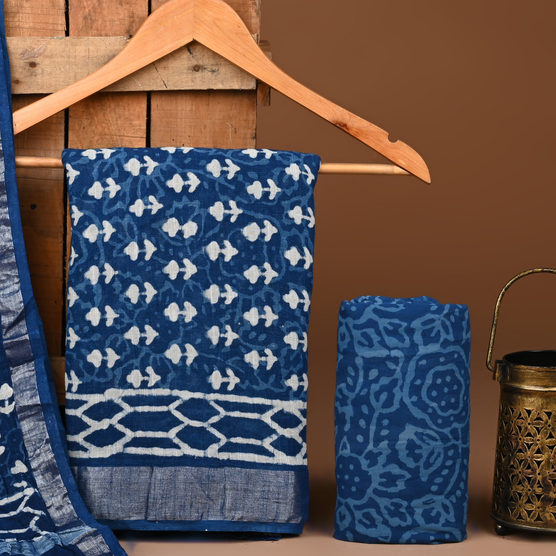 BLUE- BAGRU HAND BLOCK PRINTED LINEN COTTON SUIT SET WITH ZARI BORDER 41
