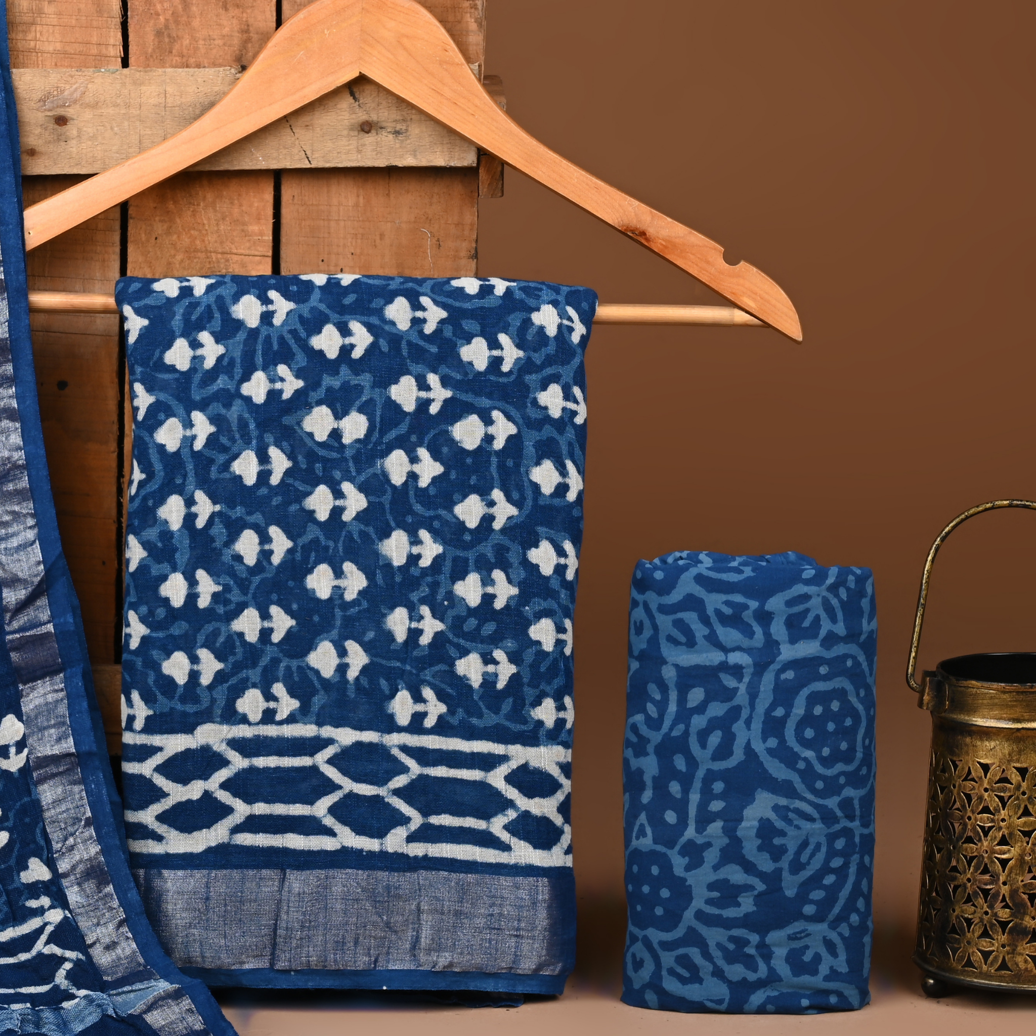 BLUE- BAGRU HAND BLOCK PRINTED LINEN COTTON SUIT SET WITH ZARI BORDER 41