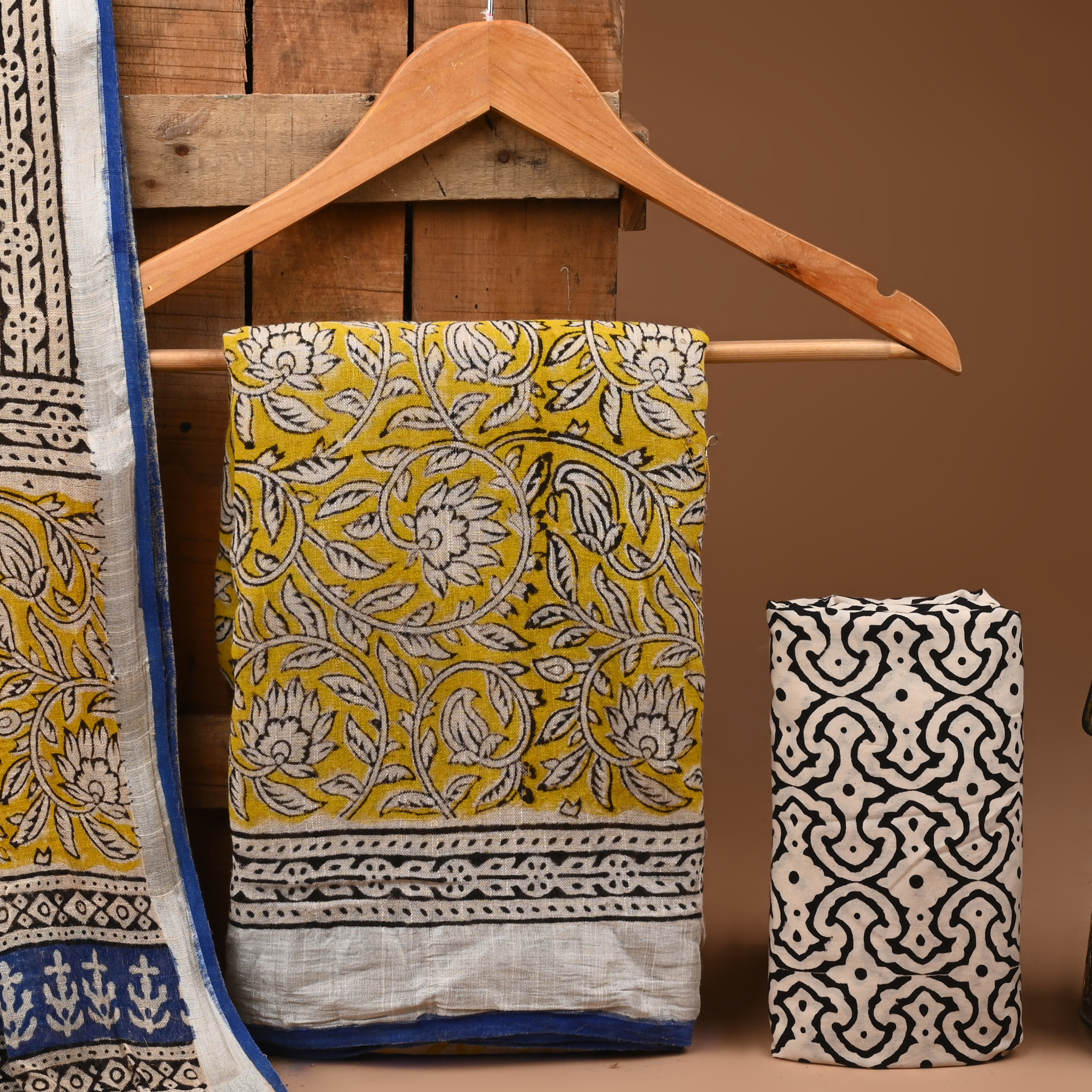 LEMON - BAGRU HAND BLOCK PRINTED LINEN COTTON SUIT SET WITH ZARI BORDER 04