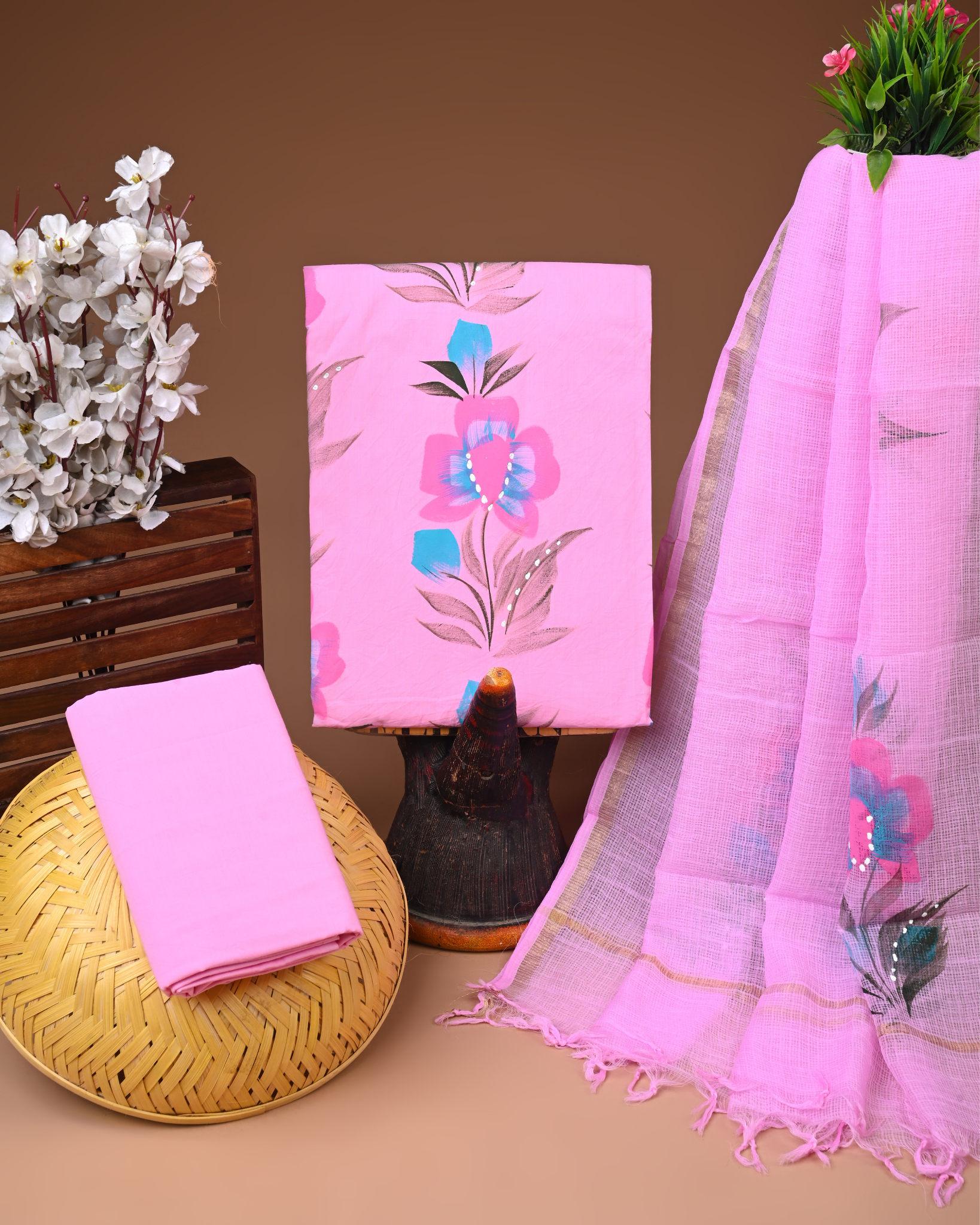 PINK- BAGRU HAND BLOCK PRINTED COTTON SUIT SET WITH KOTA DUPATTA 02