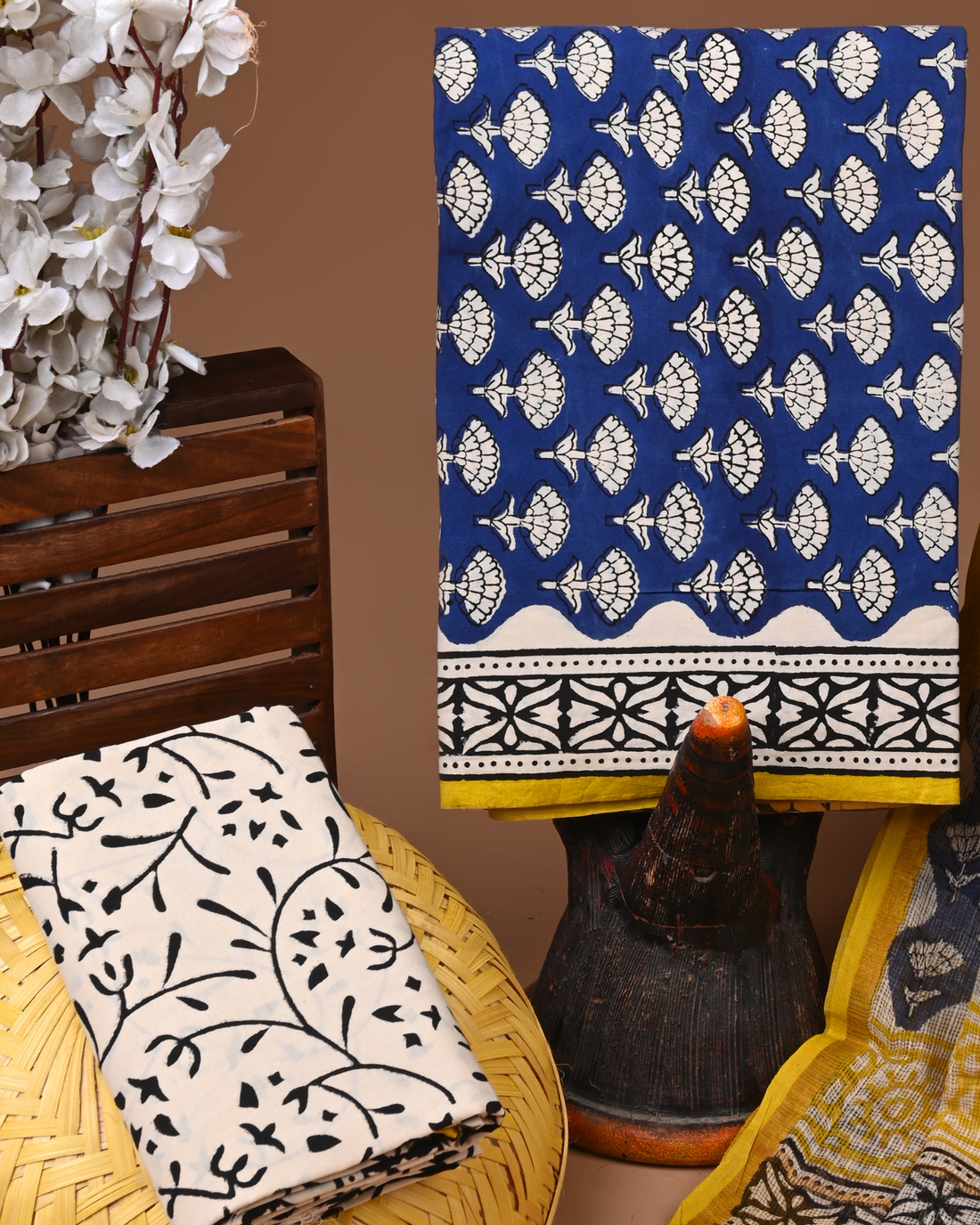 BLUE- BAGRU HAND BLOCK PRINTED COTTON SUIT SET WITH KOTA DUPATTA 07