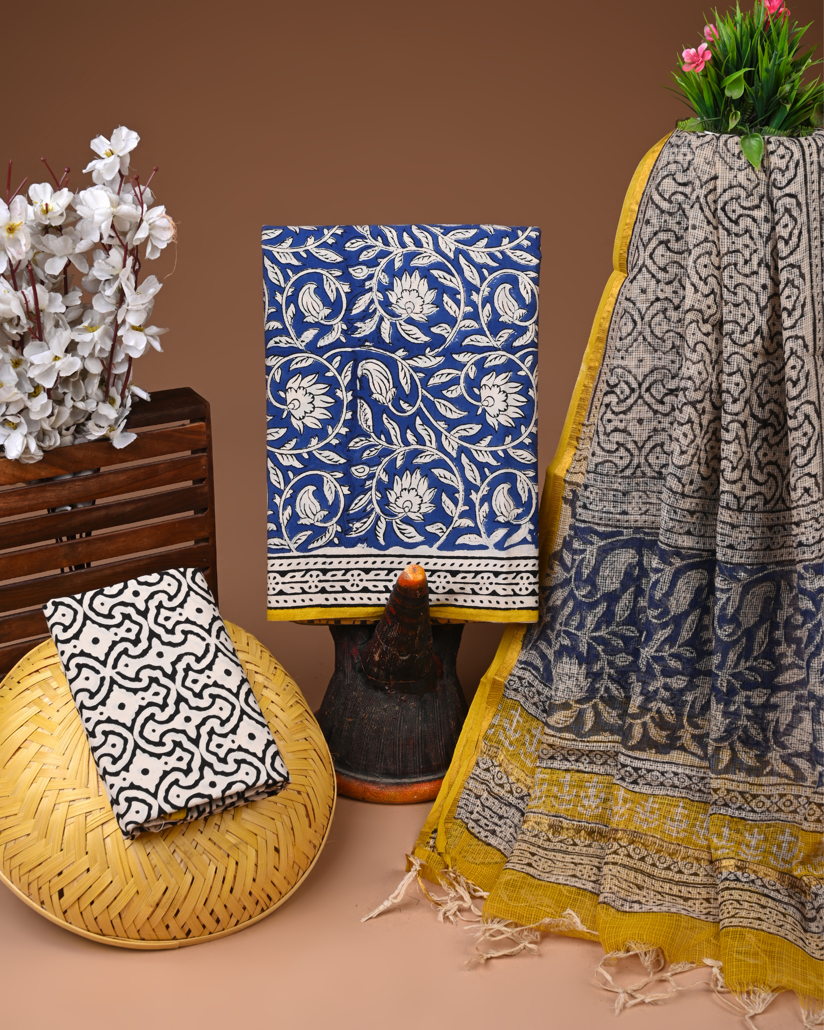 BLUE- BAGRU HAND BLOCK PRINTED COTTON SUIT SET WITH KOTA DUPATTA 08