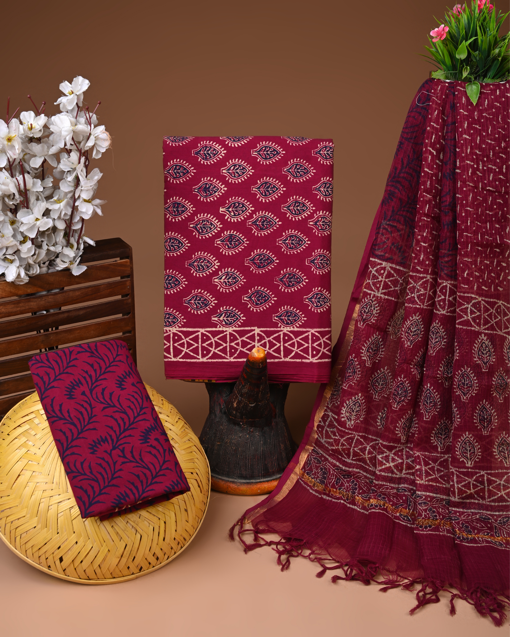 BROWN- BAGRU HAND BLOCK PRINTED COTTON SUIT SET WITH KOTA DUPATTA 12