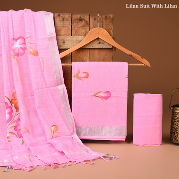PINK - BAGRU HAND BLOCK PRINTED LINEN COTTON SUIT SET WITH ZARI BORDER 19