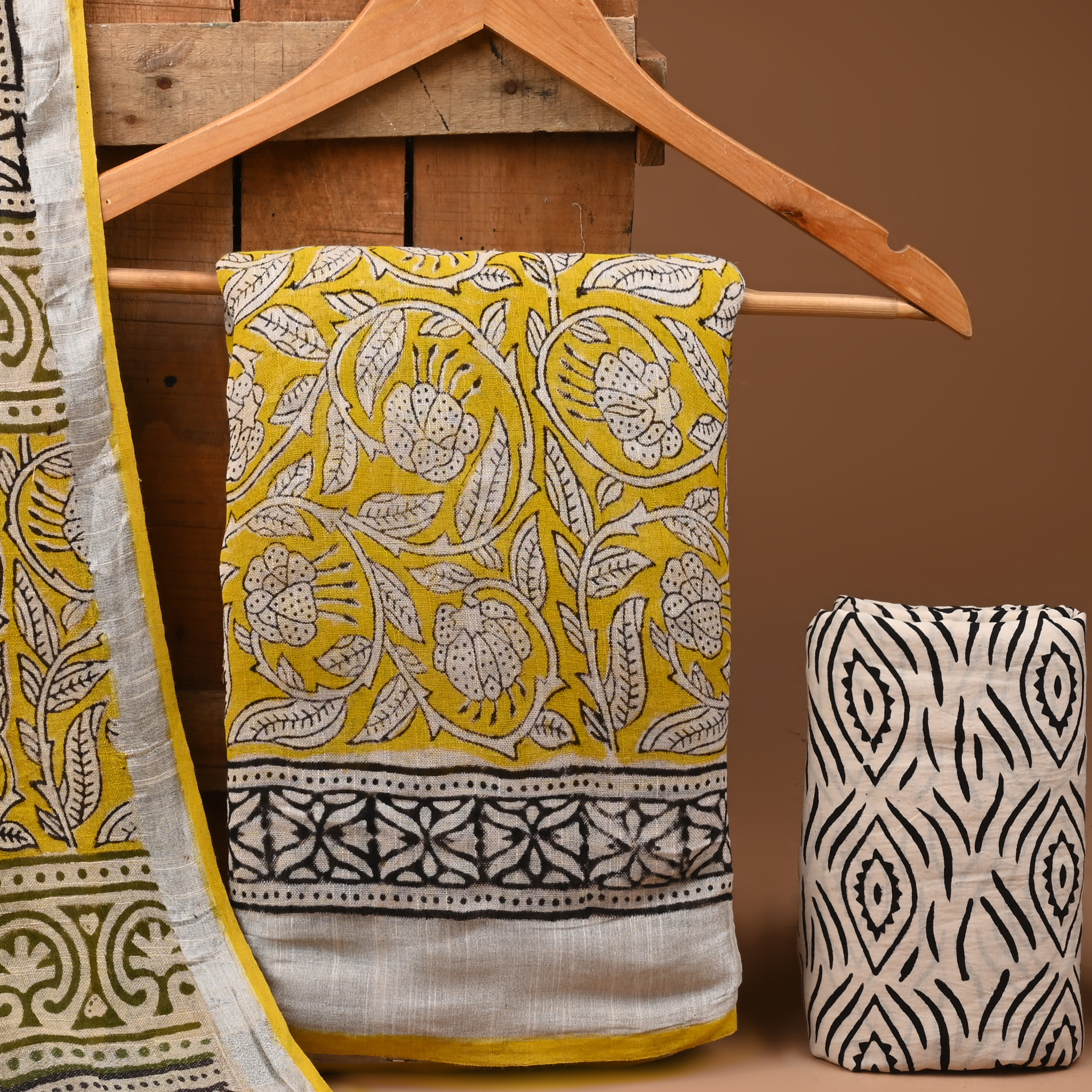 YELLOW- BAGRU HAND BLOCK PRINTED LINEN COTTON SUIT SET WITH ZARI BORDER 12
