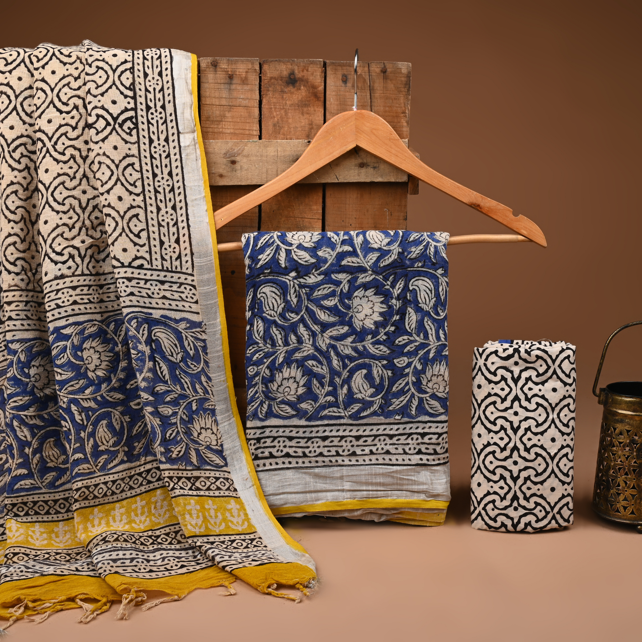 YELLOW- BAGRU HAND BLOCK PRINTED LINEN COTTON SUIT SET WITH ZARI BORDER 45