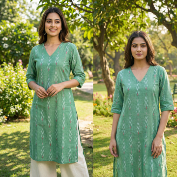 GREEN - IKAT WEAVE COTTON LONG KURTA 20