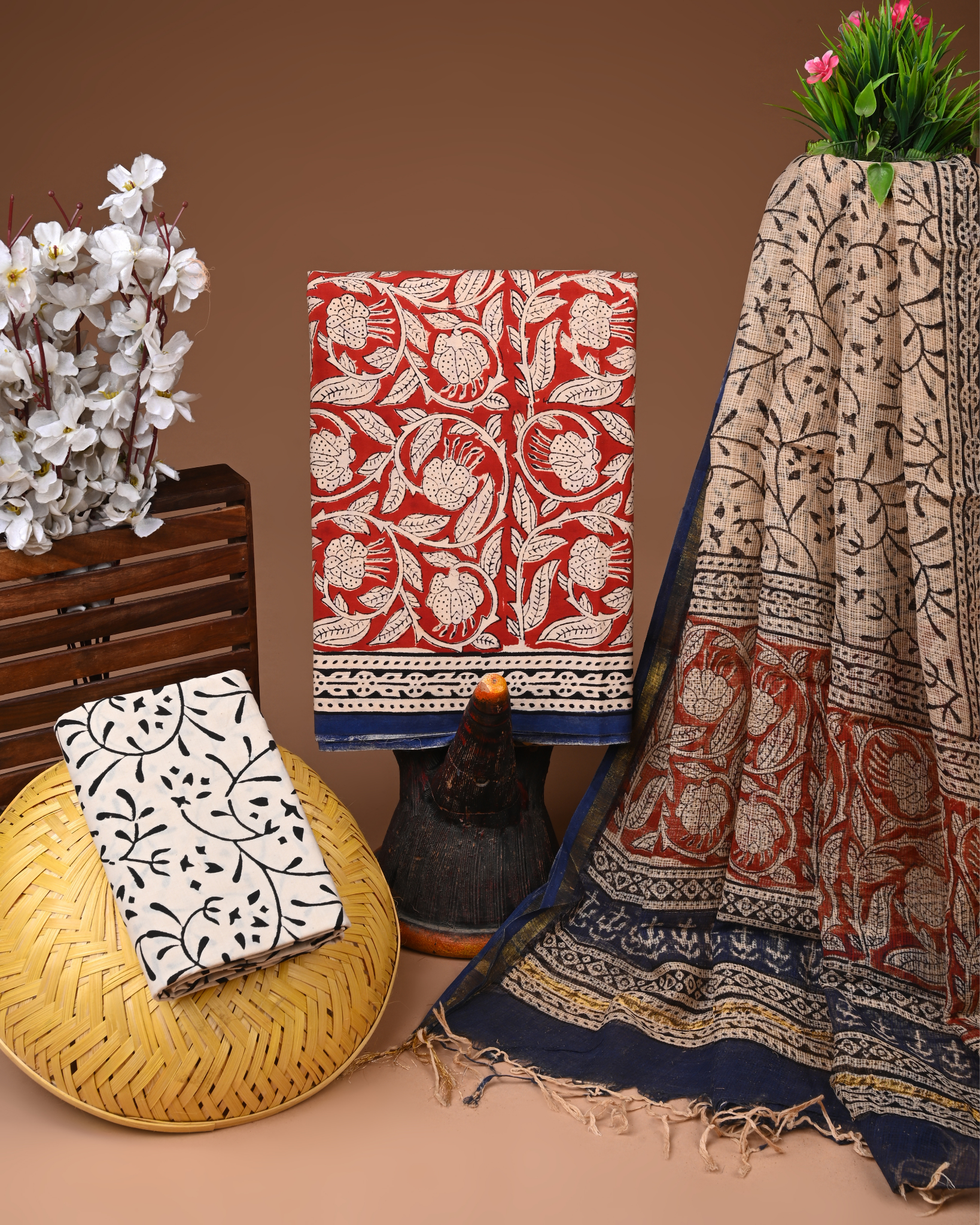 BLUE- BAGRU HAND BLOCK PRINTED COTTON SUIT SET WITH KOTA DUPATTA 01