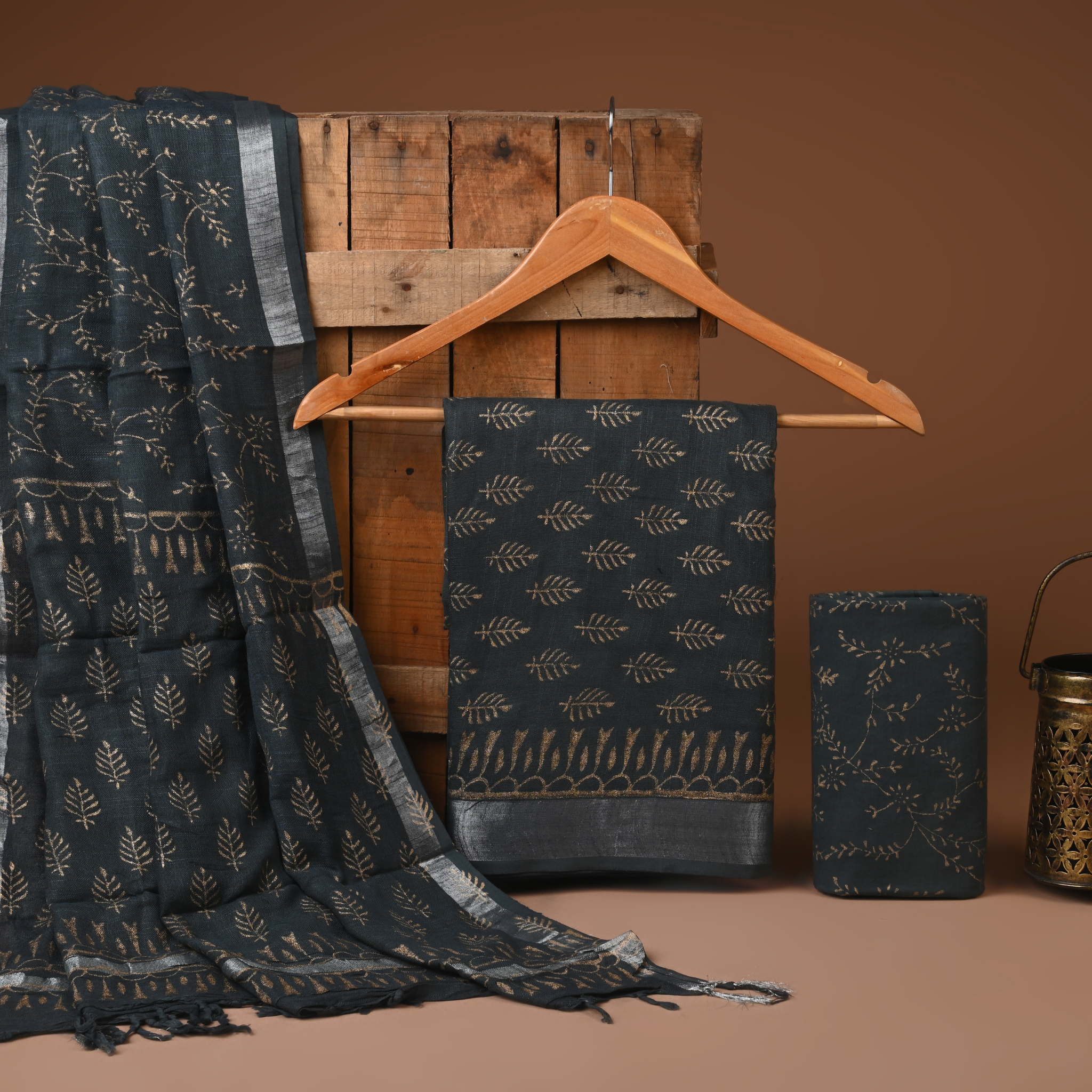 OLIVE GREEN- BAGRU HAND BLOCK PRINTED LINEN COTTON SUIT SET WITH ZARI BORDER 46