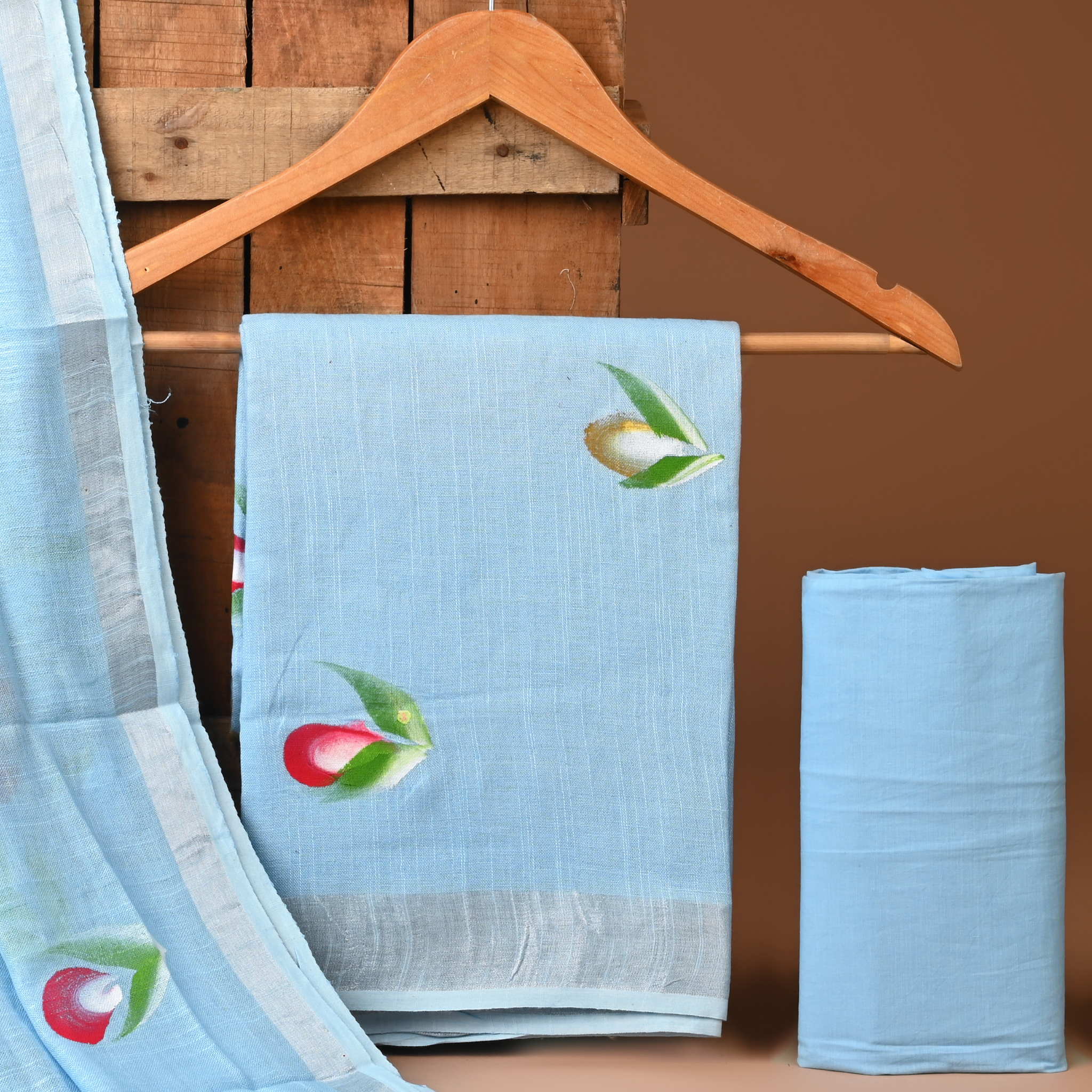 SKYBLUE- BAGRU HAND BLOCK PRINTED LINEN COTTON SUIT SET WITH ZARI BORDER 32