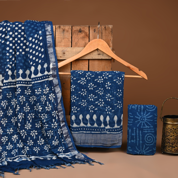 BLUE- BAGRU HAND BLOCK PRINTED LINEN COTTON SUIT SET WITH ZARI BORDER 14