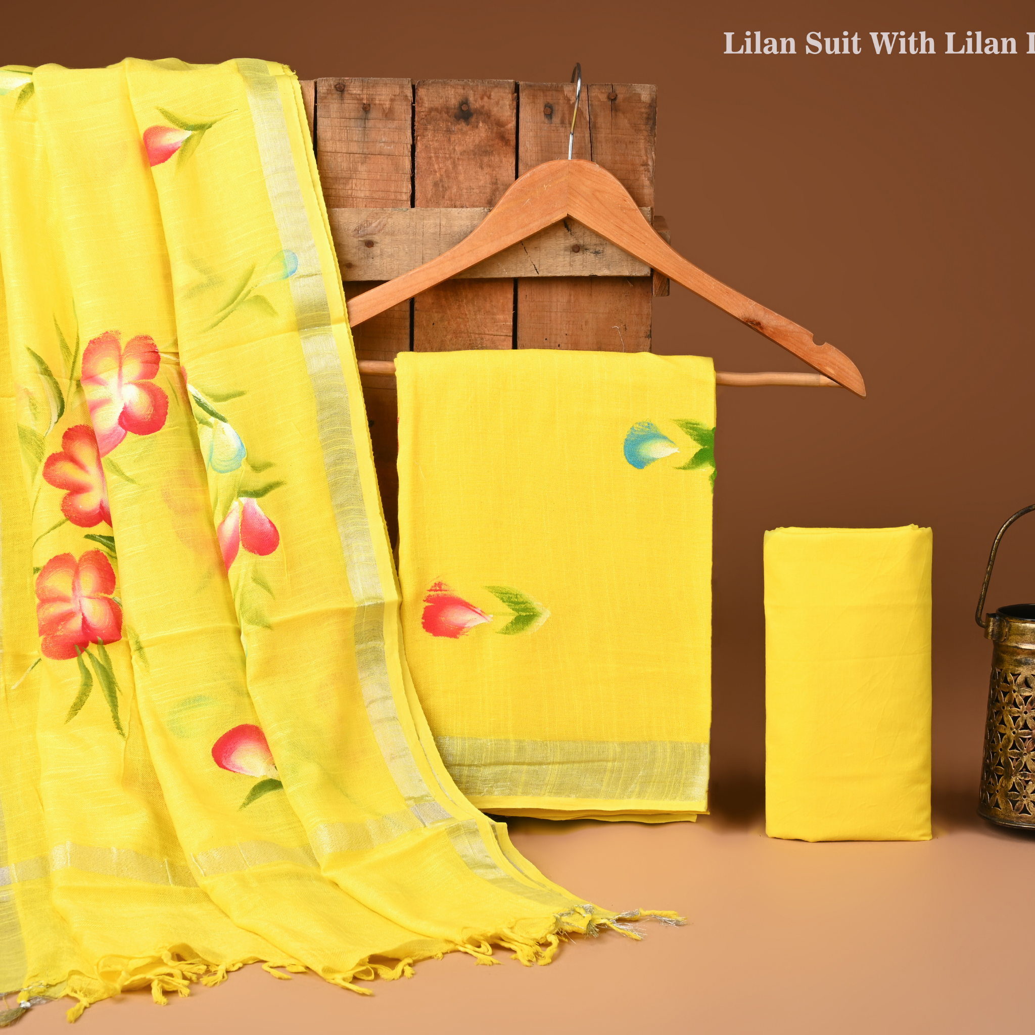 LEMON- BAGRU HAND BLOCK PRINTED LINEN COTTON SUIT SET WITH ZARI BORDER 03