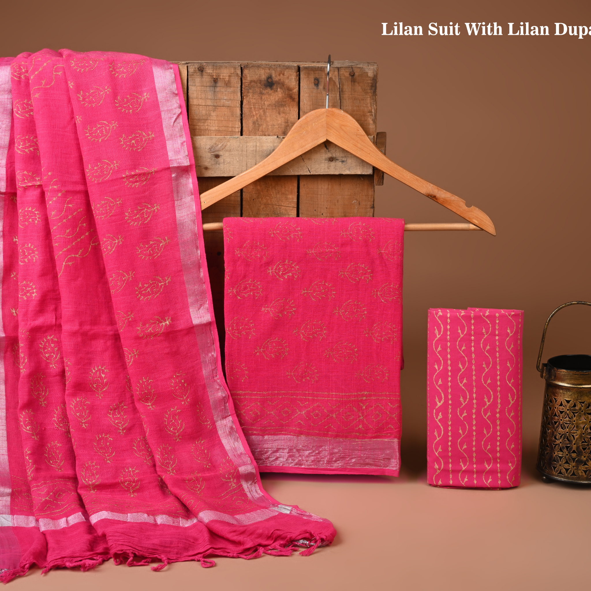 PINK- BAGRU HAND BLOCK PRINTED LINEN COTTON SUIT SET WITH ZARI BORDER 21