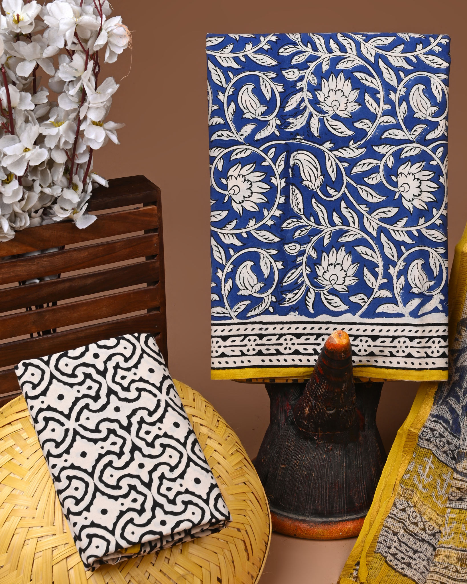 BLUE- BAGRU HAND BLOCK PRINTED COTTON SUIT SET WITH KOTA DUPATTA 08