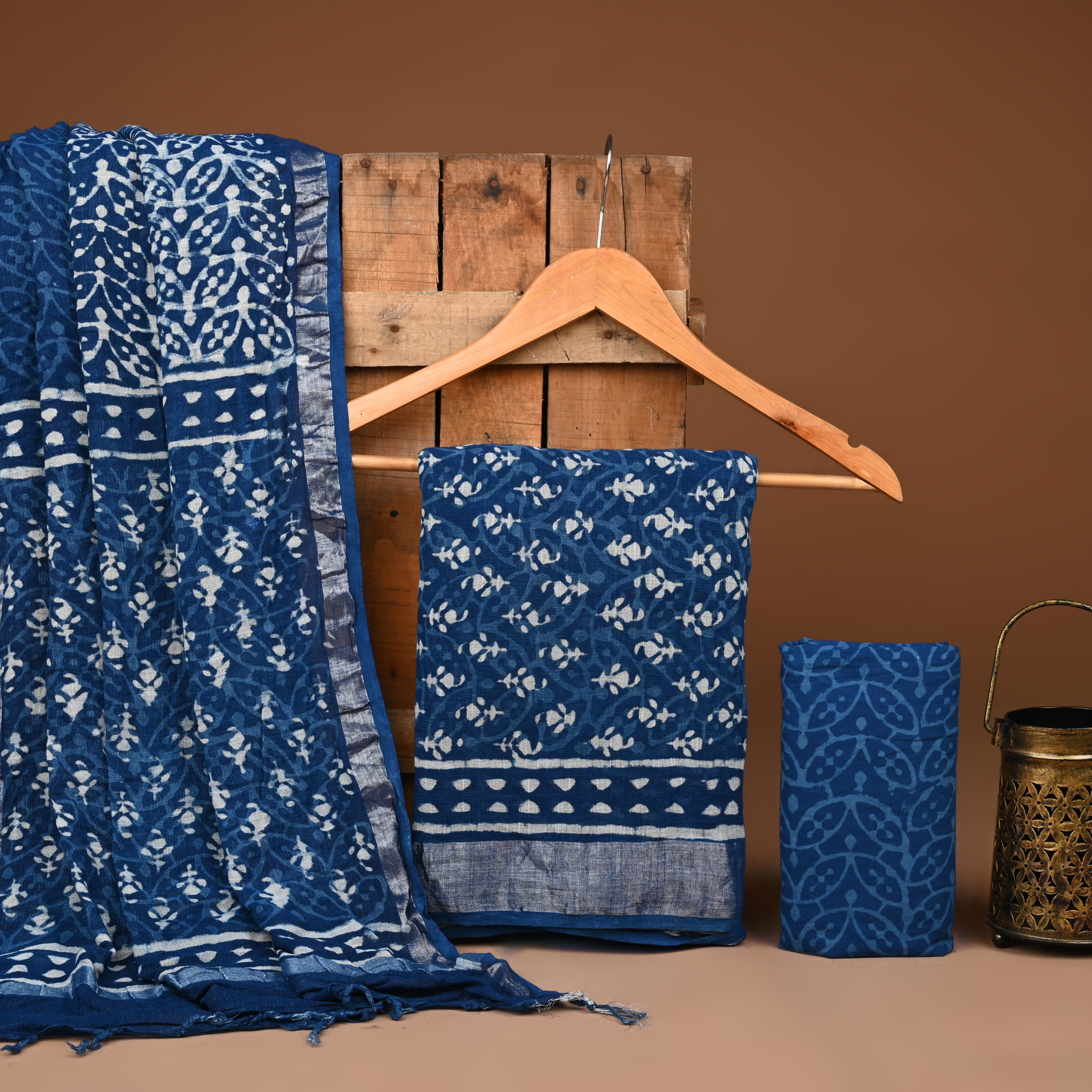 BLUE- BAGRU HAND BLOCK PRINTED LINEN COTTON SUIT SET WITH ZARI BORDER 07