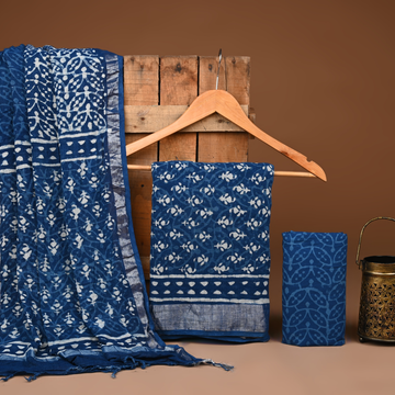 BLUE- BAGRU HAND BLOCK PRINTED LINEN COTTON SUIT SET WITH ZARI BORDER 07