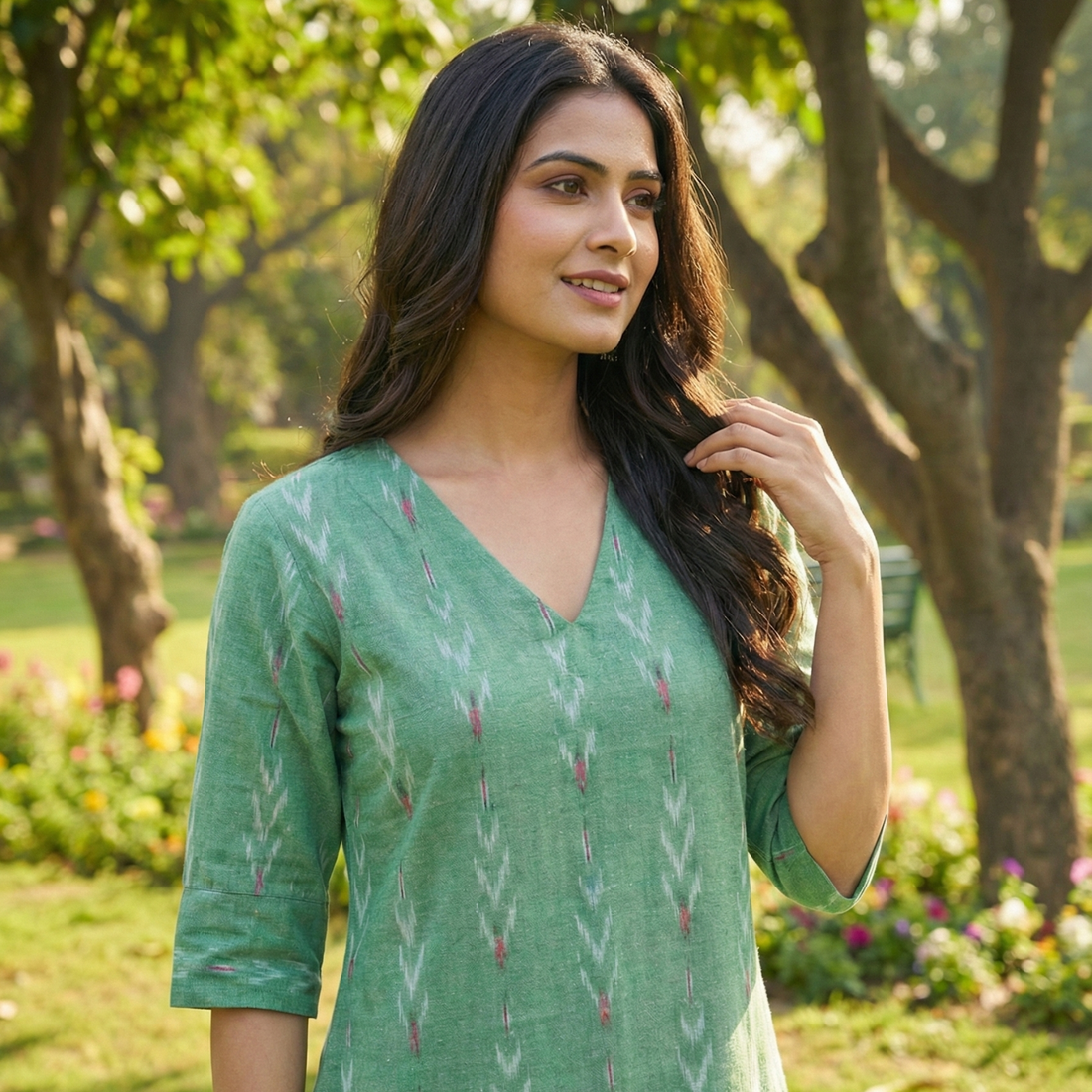 GREEN - IKAT WEAVE COTTON LONG KURTA 20