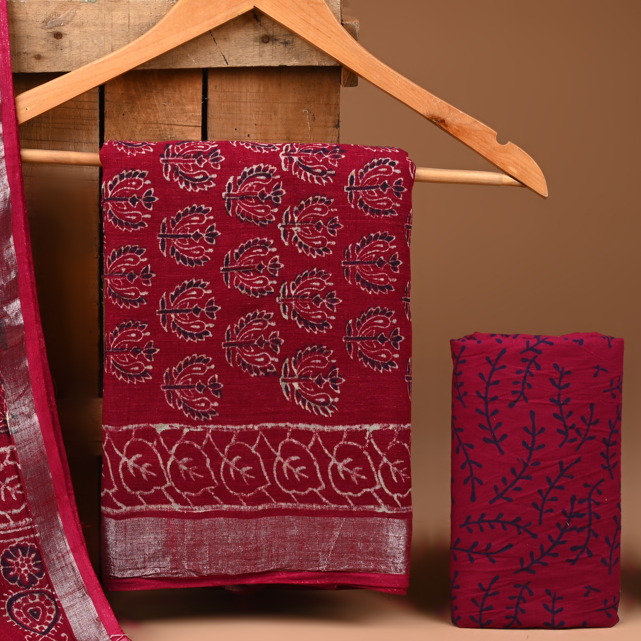 MAROON- BAGRU HAND BLOCK PRINTED LINEN COTTON SUIT SET WITH ZARI BORDER 42