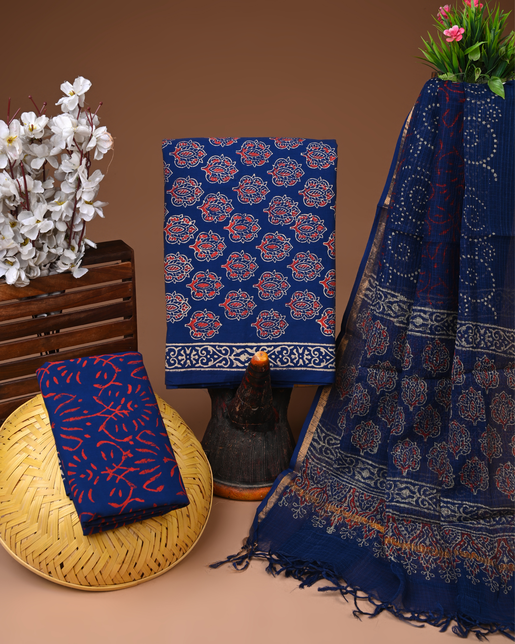 BLUE- BAGRU HAND BLOCK PRINTED COTTON SUIT SET WITH KOTA DUPATTA 19