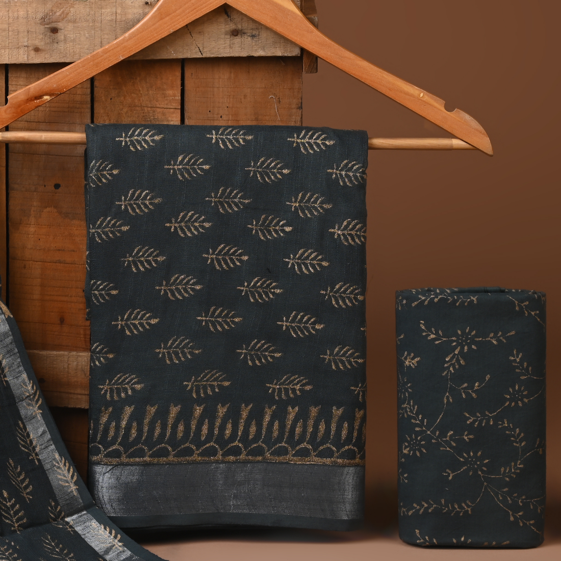 OLIVE GREEN- BAGRU HAND BLOCK PRINTED LINEN COTTON SUIT SET WITH ZARI BORDER 46