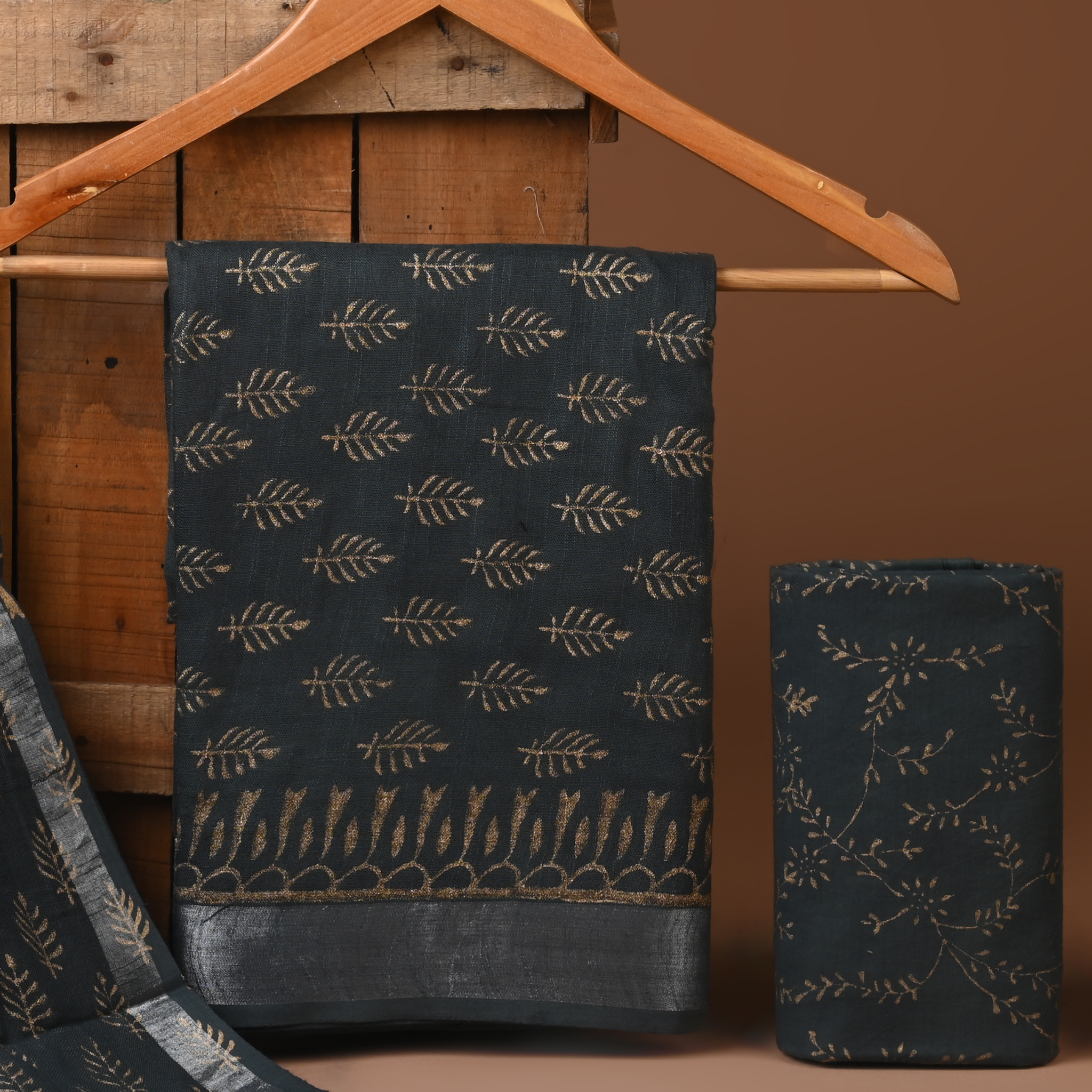 OLIVE GREEN- BAGRU HAND BLOCK PRINTED LINEN COTTON SUIT SET WITH ZARI BORDER 46