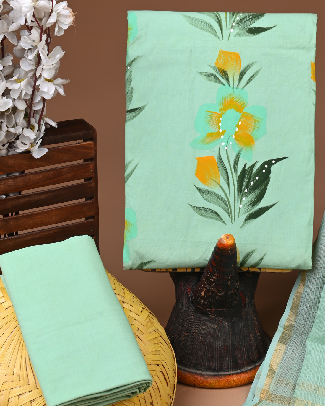 GREEN- BAGRU HAND BLOCK PRINTED COTTON SUIT SET WITH KOTA DUPATTA 03