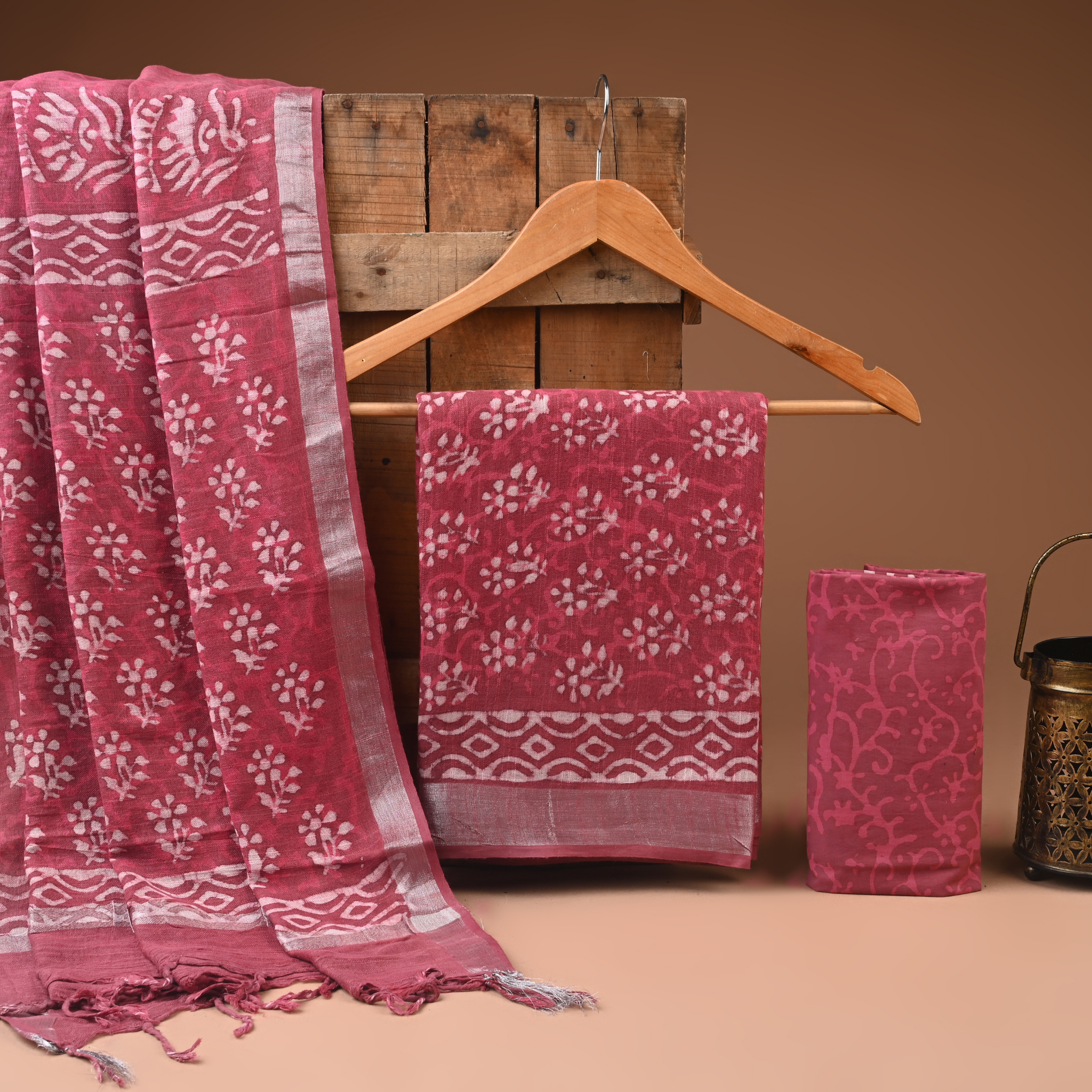 RED - BAGRU HAND BLOCK PRINTED LINEN COTTON SUIT SET WITH ZARI BORDER 26