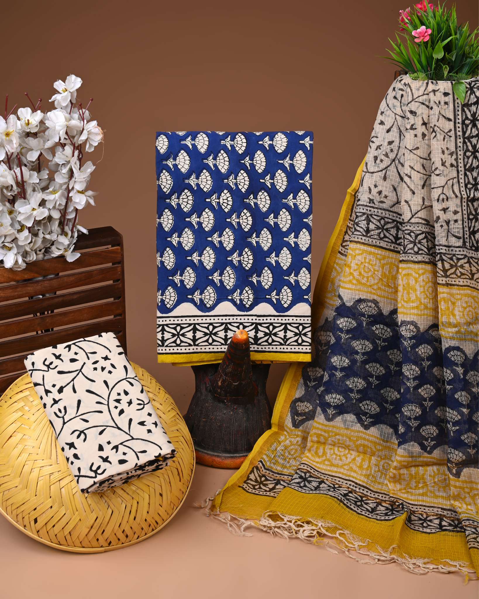 BLUE- BAGRU HAND BLOCK PRINTED COTTON SUIT SET WITH KOTA DUPATTA 07