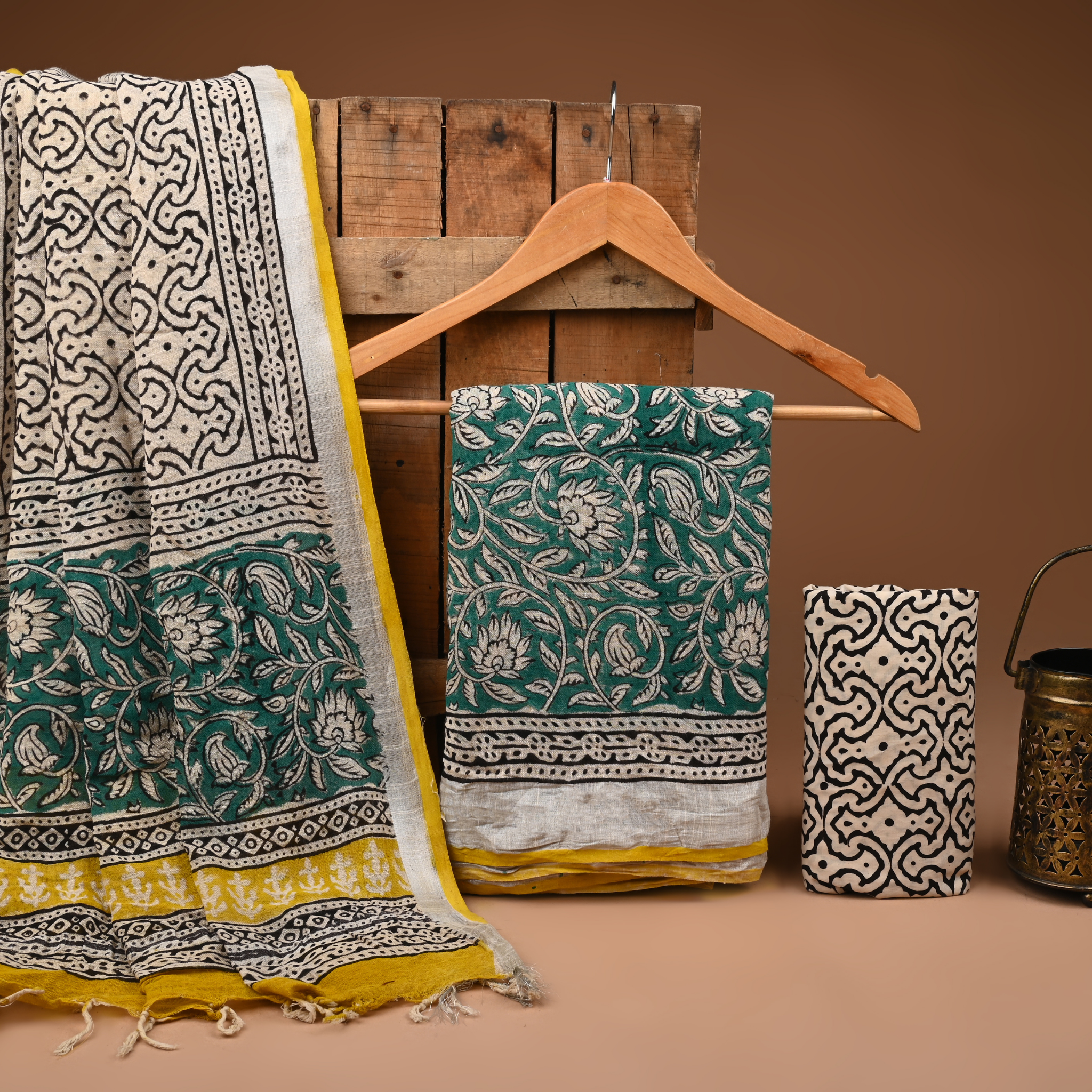 LEMON- BAGRU HAND BLOCK PRINTED LINEN COTTON SUIT SET WITH ZARI BORDER 35