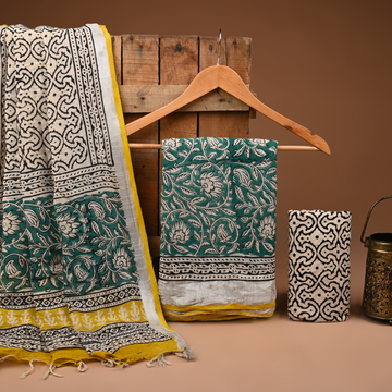 LEMON- BAGRU HAND BLOCK PRINTED LINEN COTTON SUIT SET WITH ZARI BORDER 35