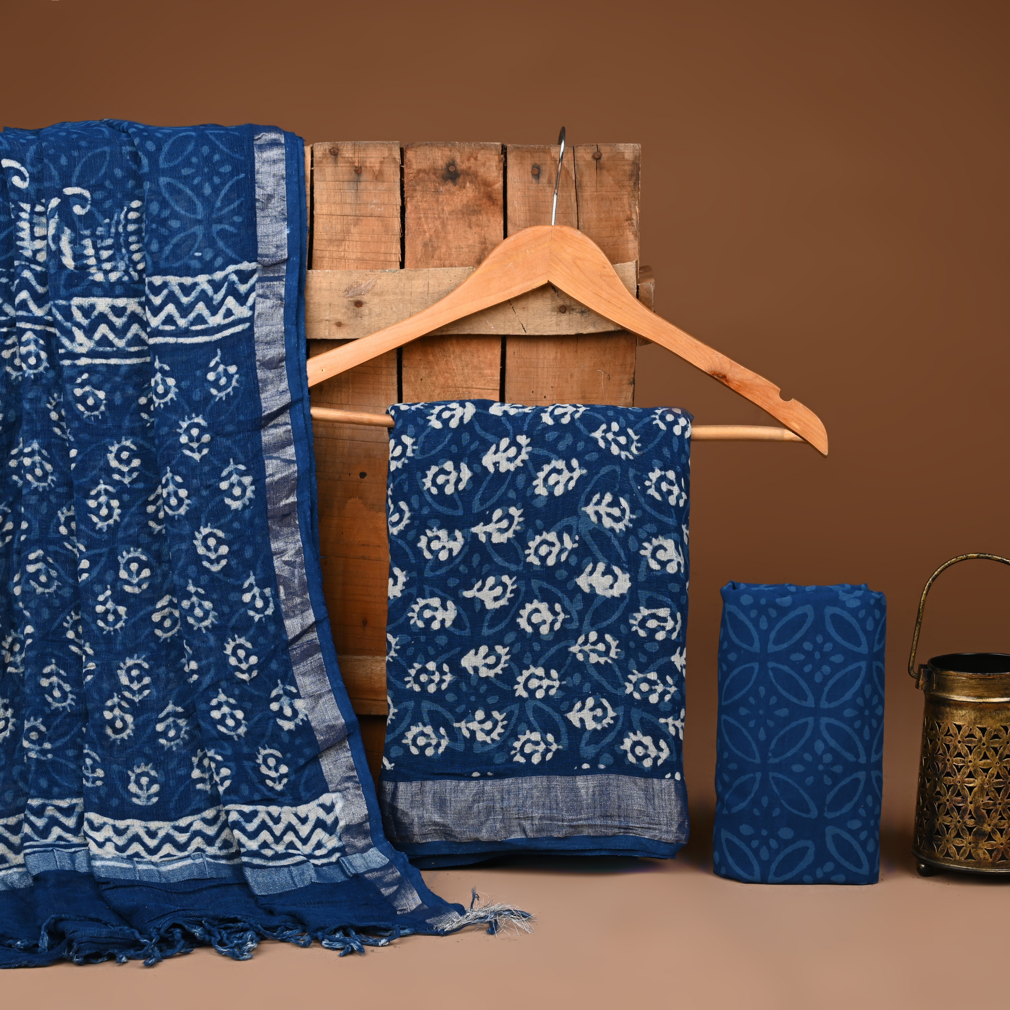 BLUE- BAGRU HAND BLOCK PRINTED LINEN COTTON SUIT SET WITH ZARI BORDER 24
