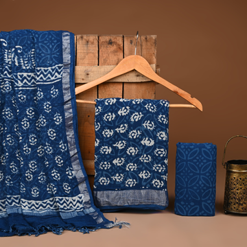BLUE- BAGRU HAND BLOCK PRINTED LINEN COTTON SUIT SET WITH ZARI BORDER 24